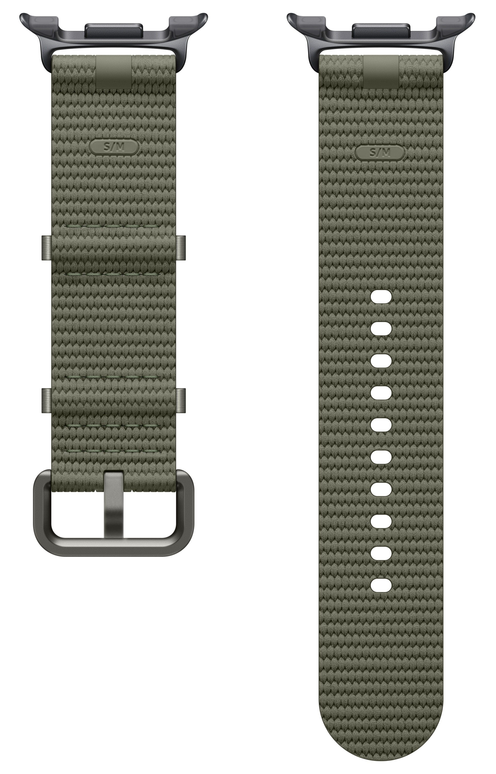 Dwa oliwkowozielone paski do zegarków. Jeden ma klamrę i tekst S/M, drugi ma otwory.