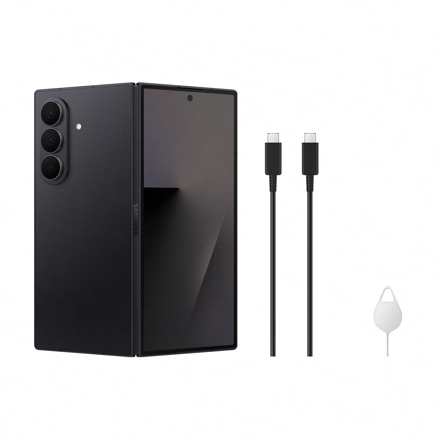 Teléfono plegable Samsung negro, dos cables USB-C negros y una herramienta de extracción de tarjeta SIM sobre fondo blanco.