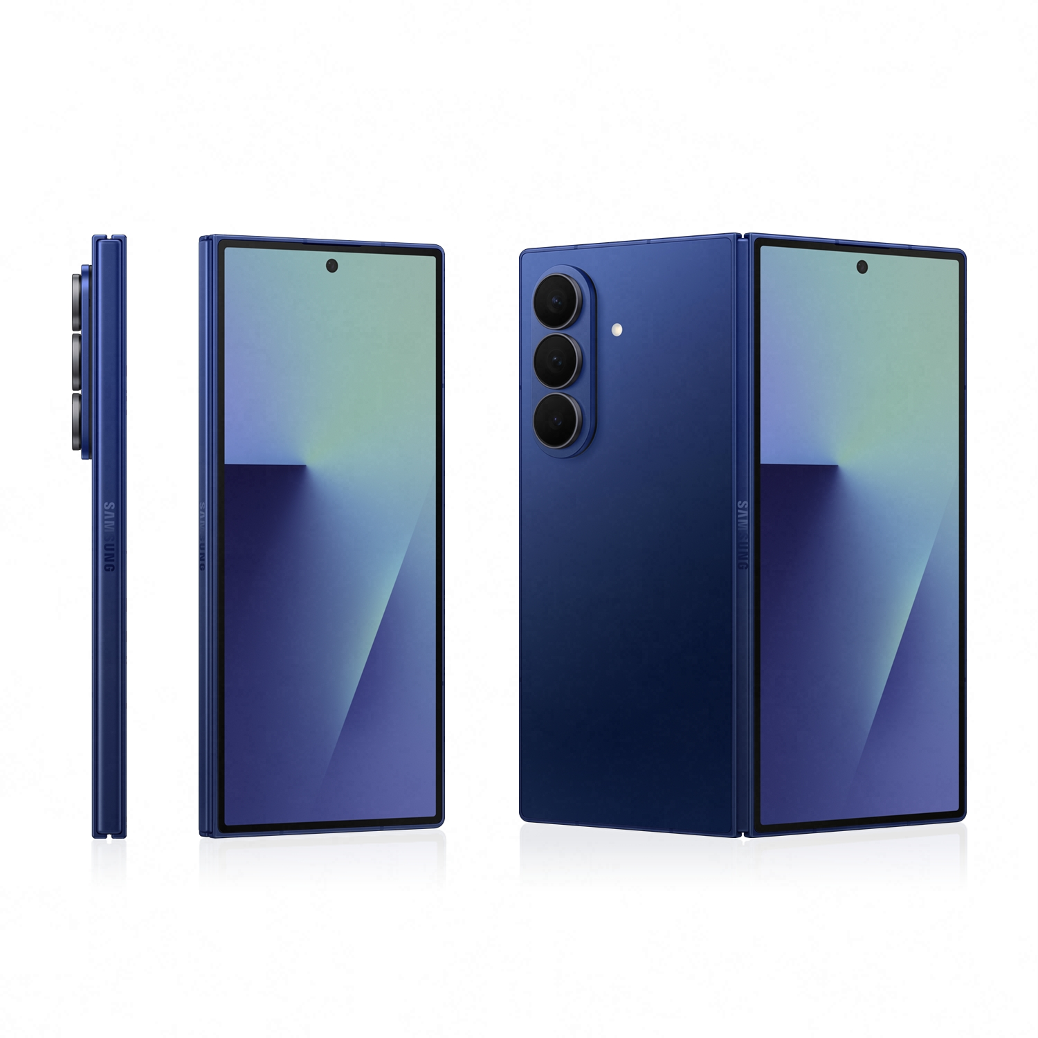 Un teléfono plegable Samsung azul se muestra desde múltiples ángulos. Está parcialmente abierto, mostrando una pantalla con degradado.