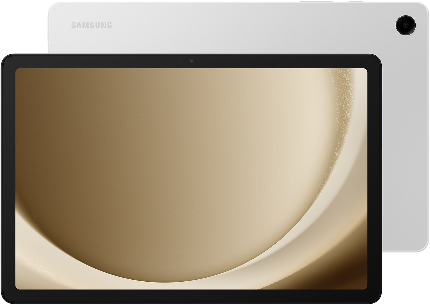 Egy Samsung tablet. Az előlap arany örvénymintás kijelzőt, a hátlap kamera és logóval ellátott fehér részt mutat.