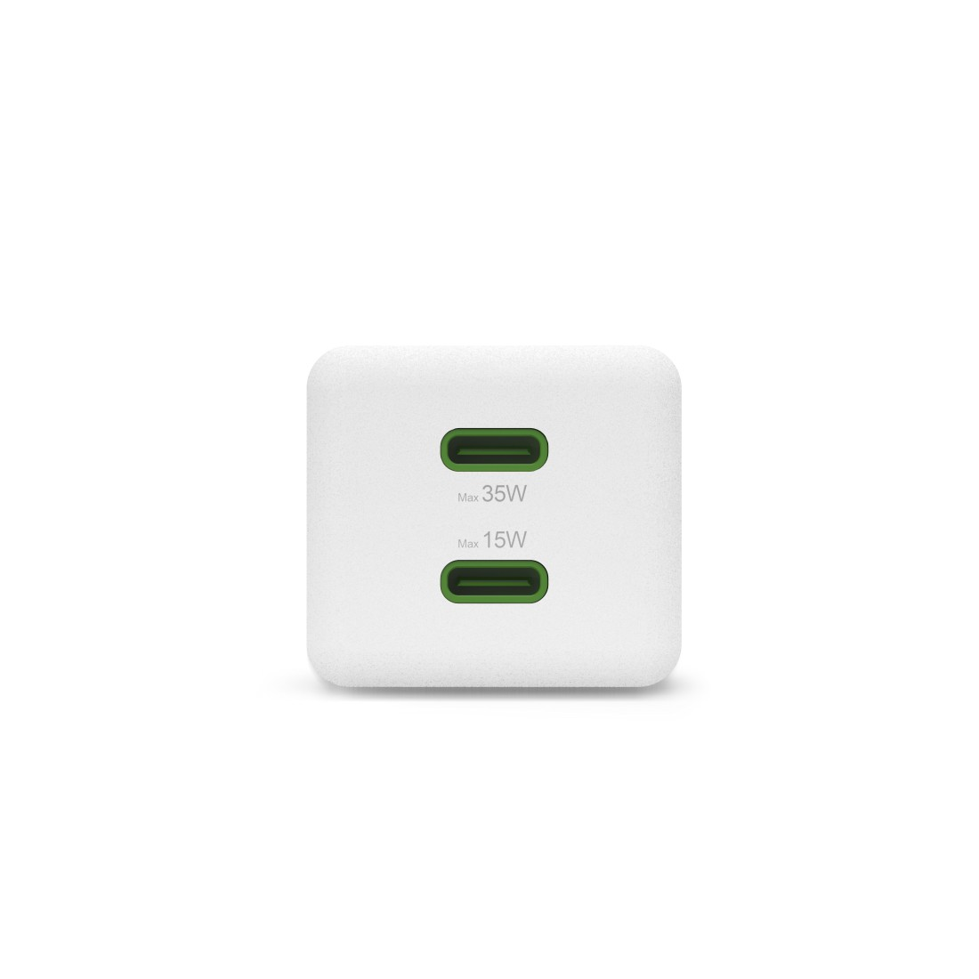 Weißer Würfel-Ladegerät mit zwei grünen USB-C-Anschlüssen. Jeder Anschluss zeigt seine Leistung an, 35 W und 15 W. Weißer Hintergrund.