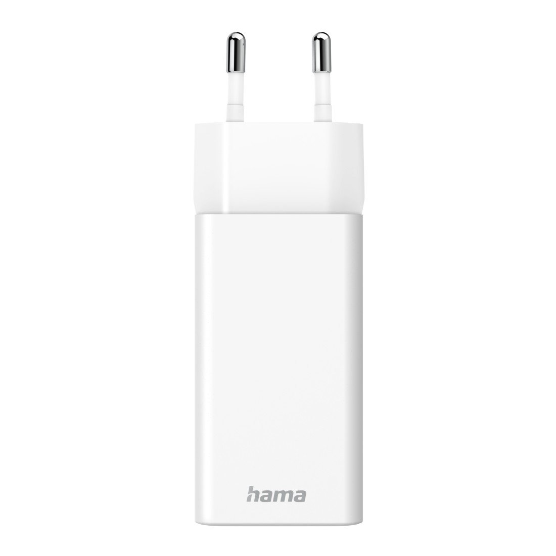 Ein weißes Hama-Telefonladegerät. Es hat oben zwei Metallstifte und einen rechteckigen Körper mit dem Hama-Logo unten.