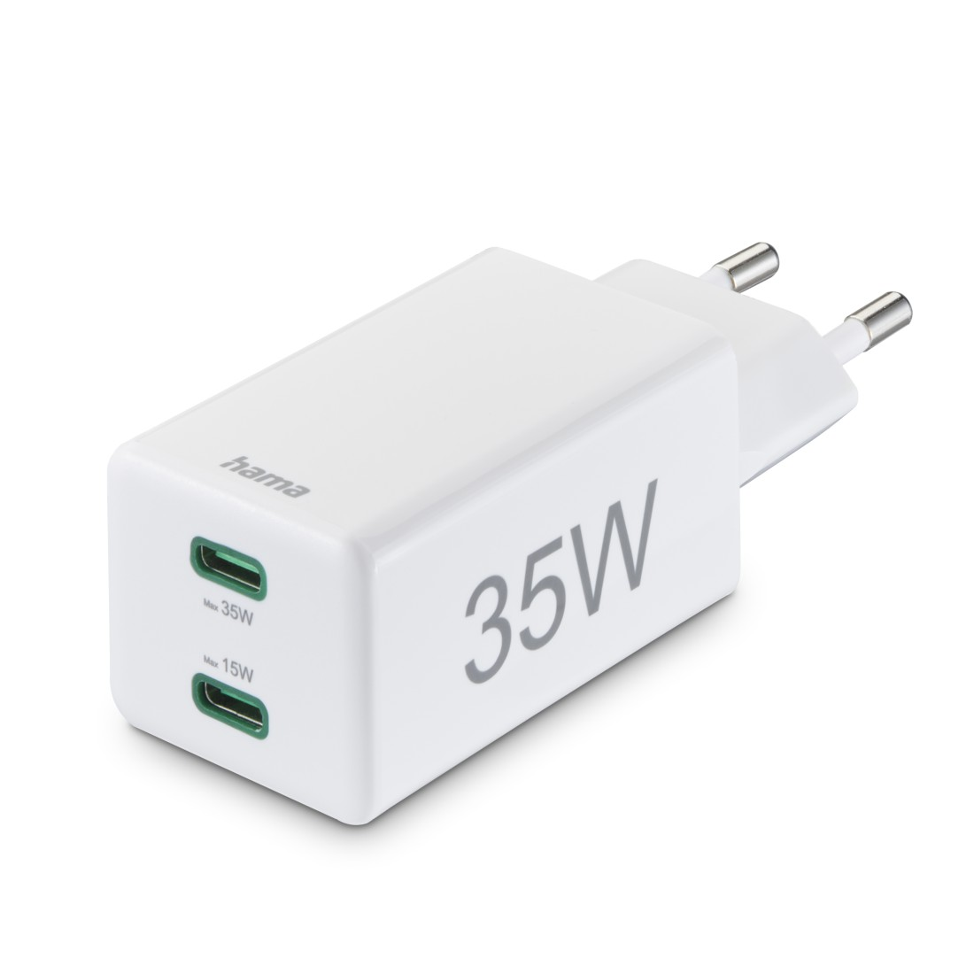 Weißes Hama 35W Ladegerät mit zwei grünen USB-C-Anschlüssen. Das Ladegerät hat einen Stecker und '35W' aufgedruckt.