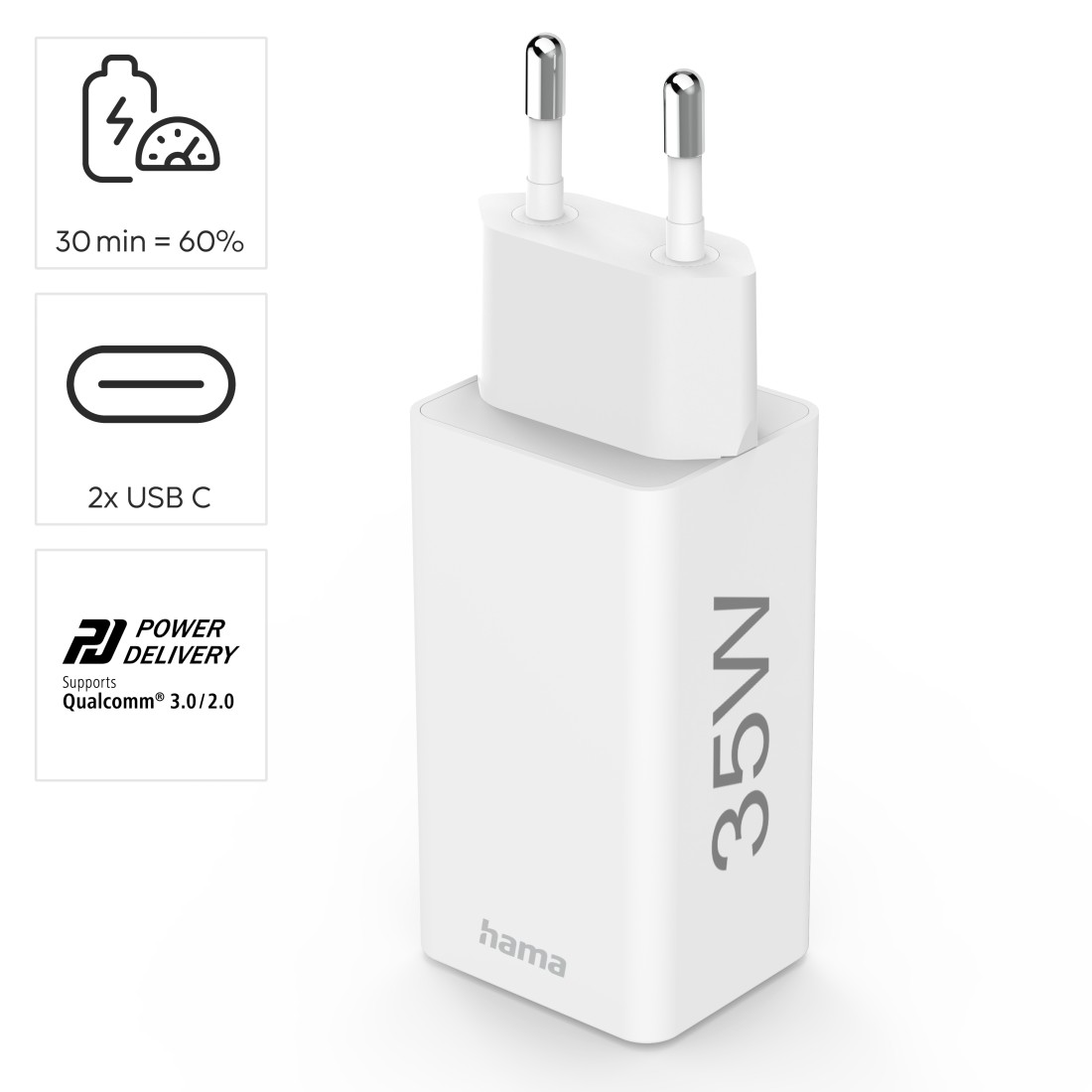 Weißes Hama 35W Ladegerät mit zwei USB-C-Anschlüssen und Power-Delivery-Logos. Mit Euro-Stecker. Text mit Lade-Geschwindigkeitsdetails.