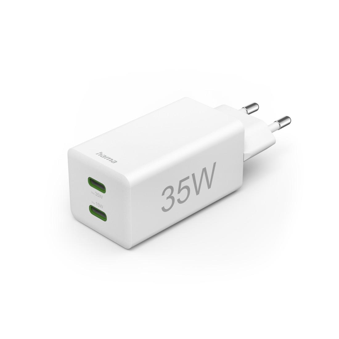 Weißes Hama 35W-Ladegerät mit zwei grünen Anschlüssen. Es hat einen Stecker und den Text "35W".