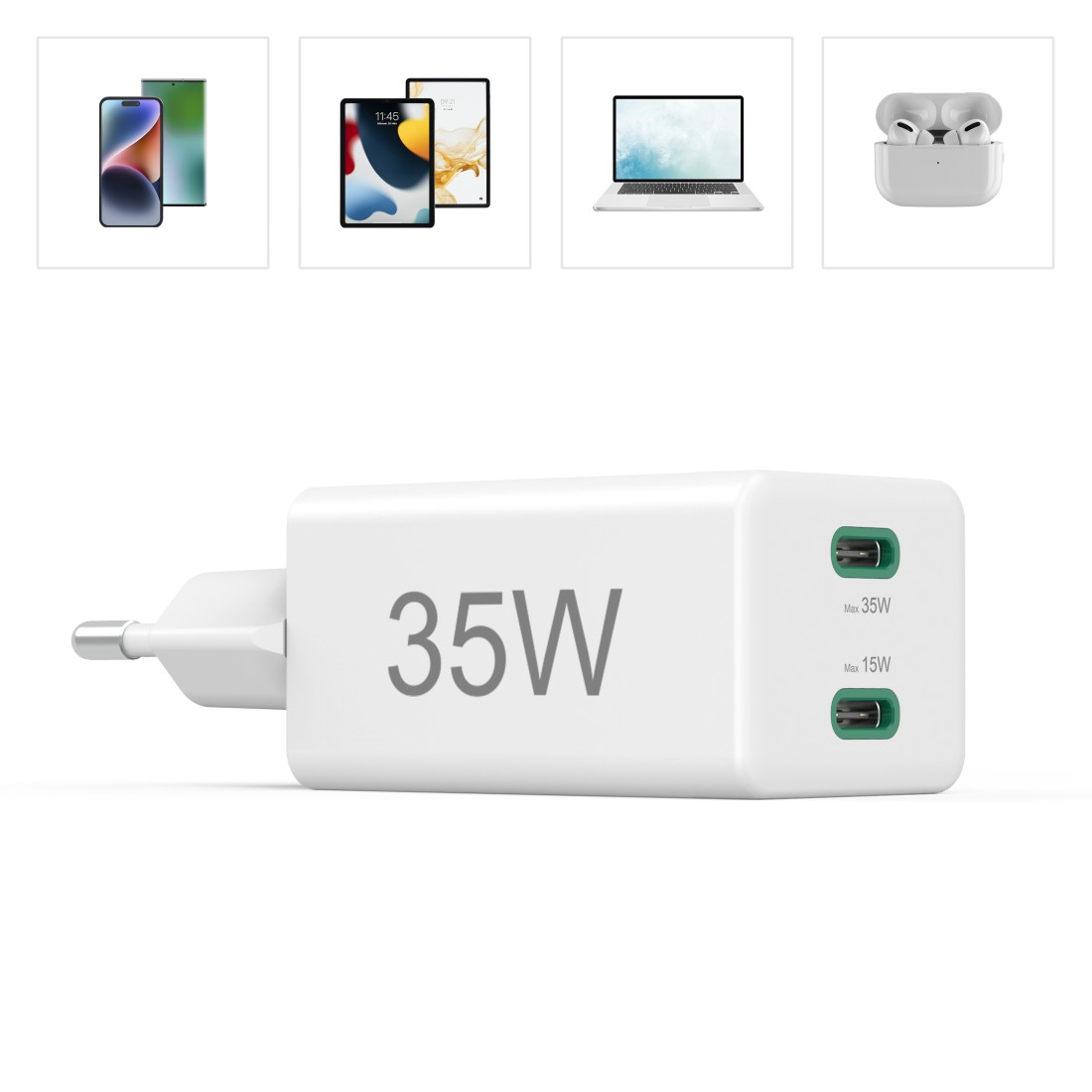 Weißes 35-W-Ladegerät mit mehreren Geräten, darunter ein Telefon, ein Tablet, ein Laptop und Ohrhörer. Das Ladegerät hat USB-C-Anschlüsse.