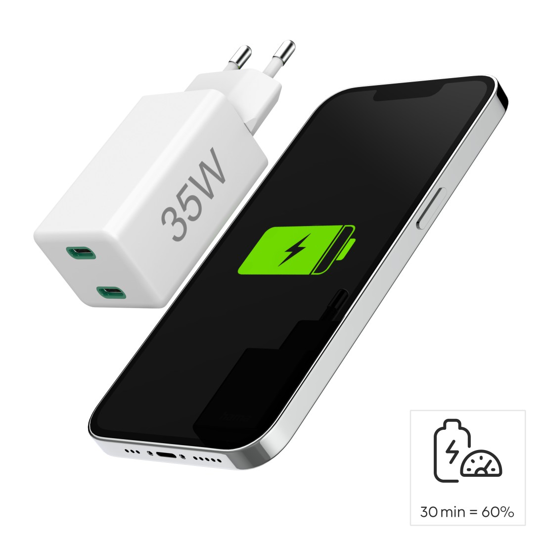 Weißes 35-W-Ladegerät neben einem Telefon, das geladen wird, mit einem grünen Akkusymbol. 30 Min. = 60 % wird unten angezeigt.