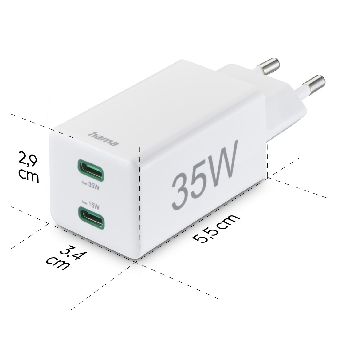 Ein weißes Hama 35W Ladegerät. Es hat zwei USB-C-Anschlüsse, die Abmessungen sind 2,9 x 3,4 x 5,5 cm. Es hat einen Stecker und den Text 35W.