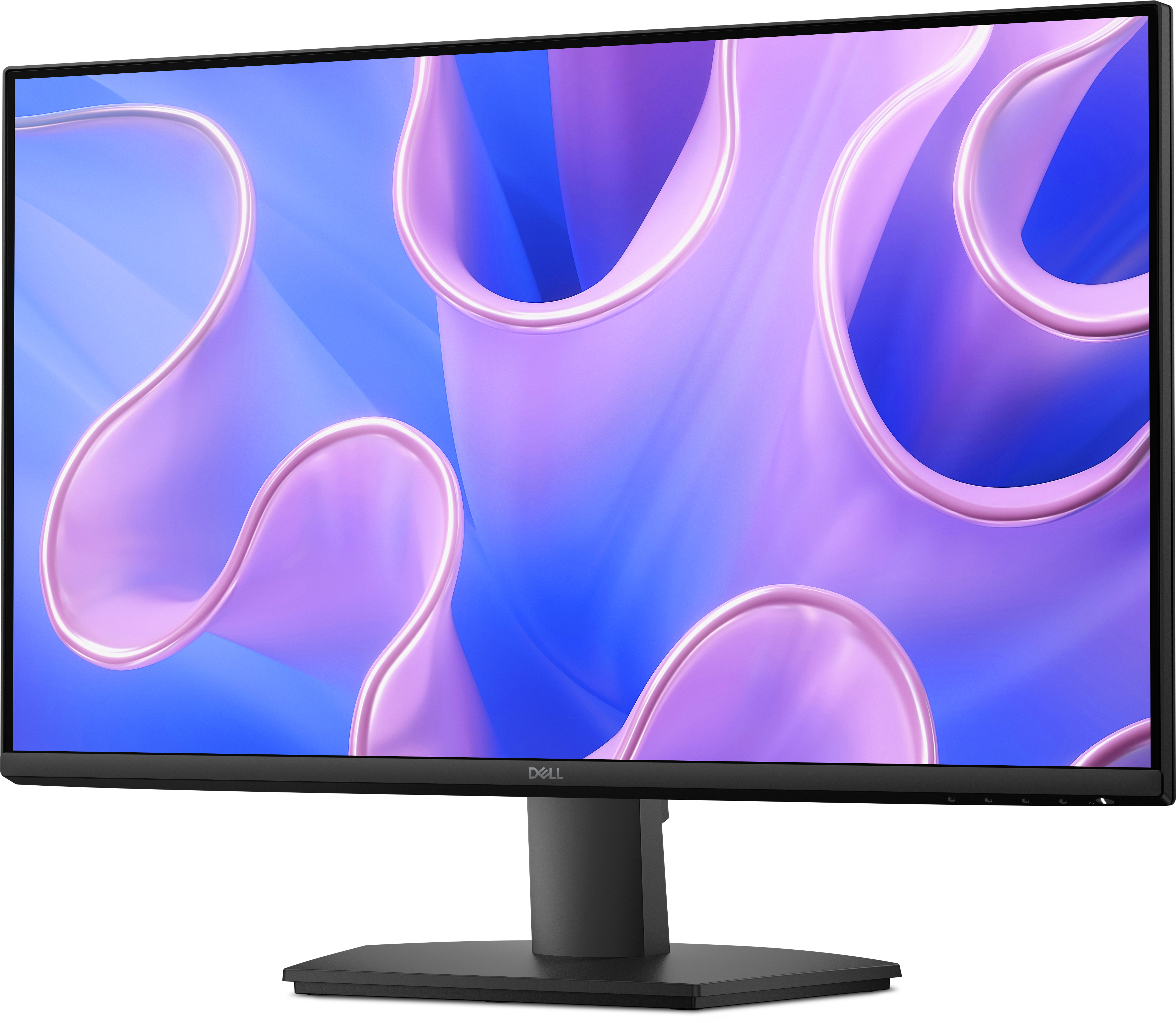 Ein Dell-Monitor zeigt ein wirbelndes, abstraktes Design in Lila und Blau. Der Monitor ist schwarz und steht auf einem schwarzen Ständer.