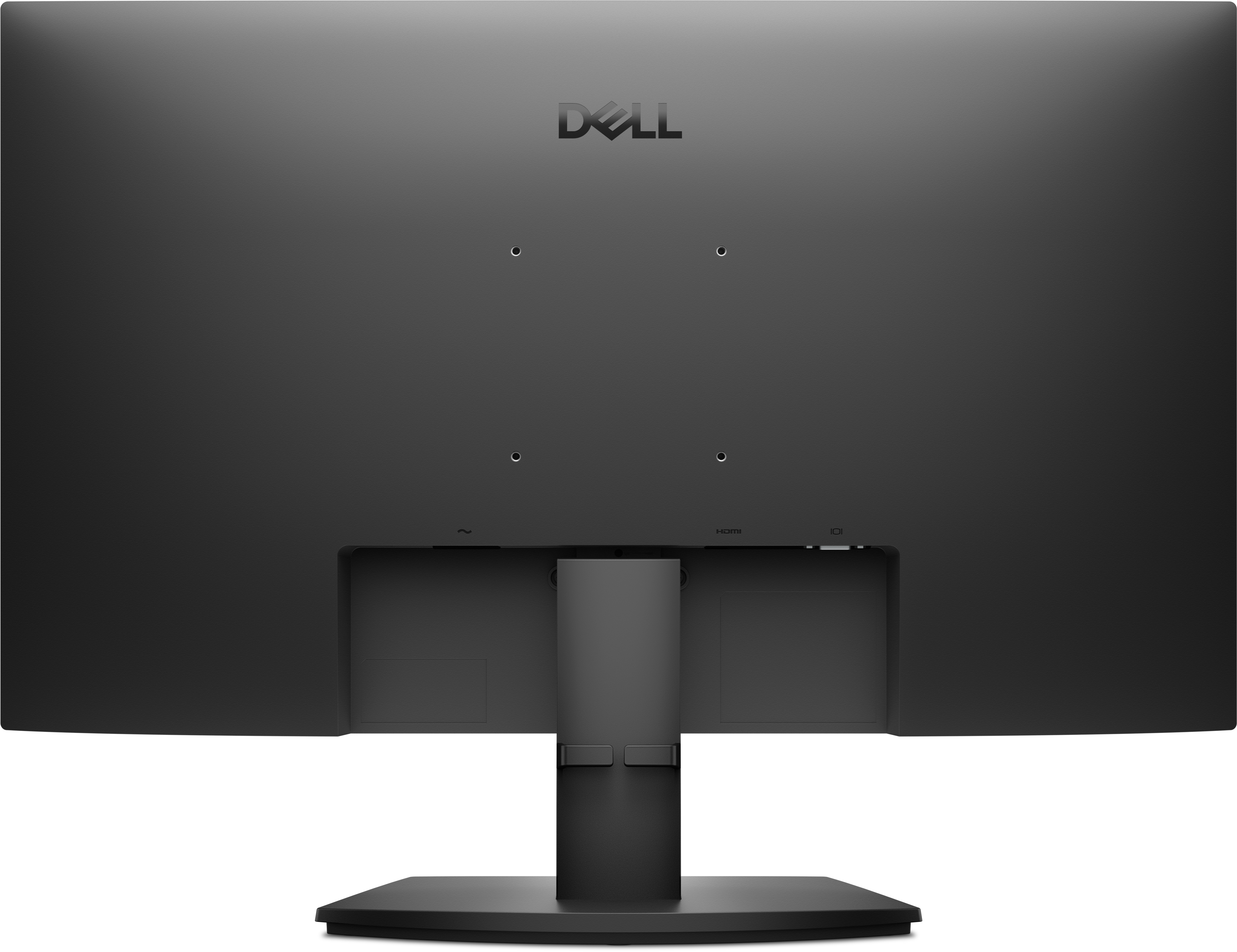 Rückseite eines schwarzen Dell-Monitors. Er hat das Dell-Logo, Anschlüsse und Befestigungslöcher. Der Ständer ist befestigt.
