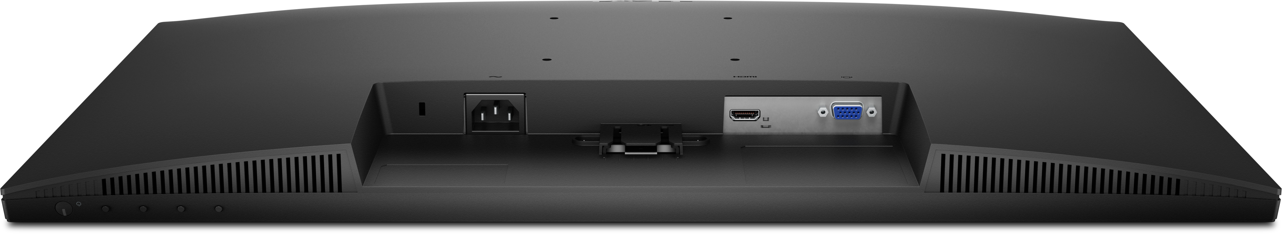 Rückseite eines schwarzen Computermonitors. Er hat Strom- und Videoanschlüsse. Lüftungsschlitze und ein Netzschalter sind sichtbar.