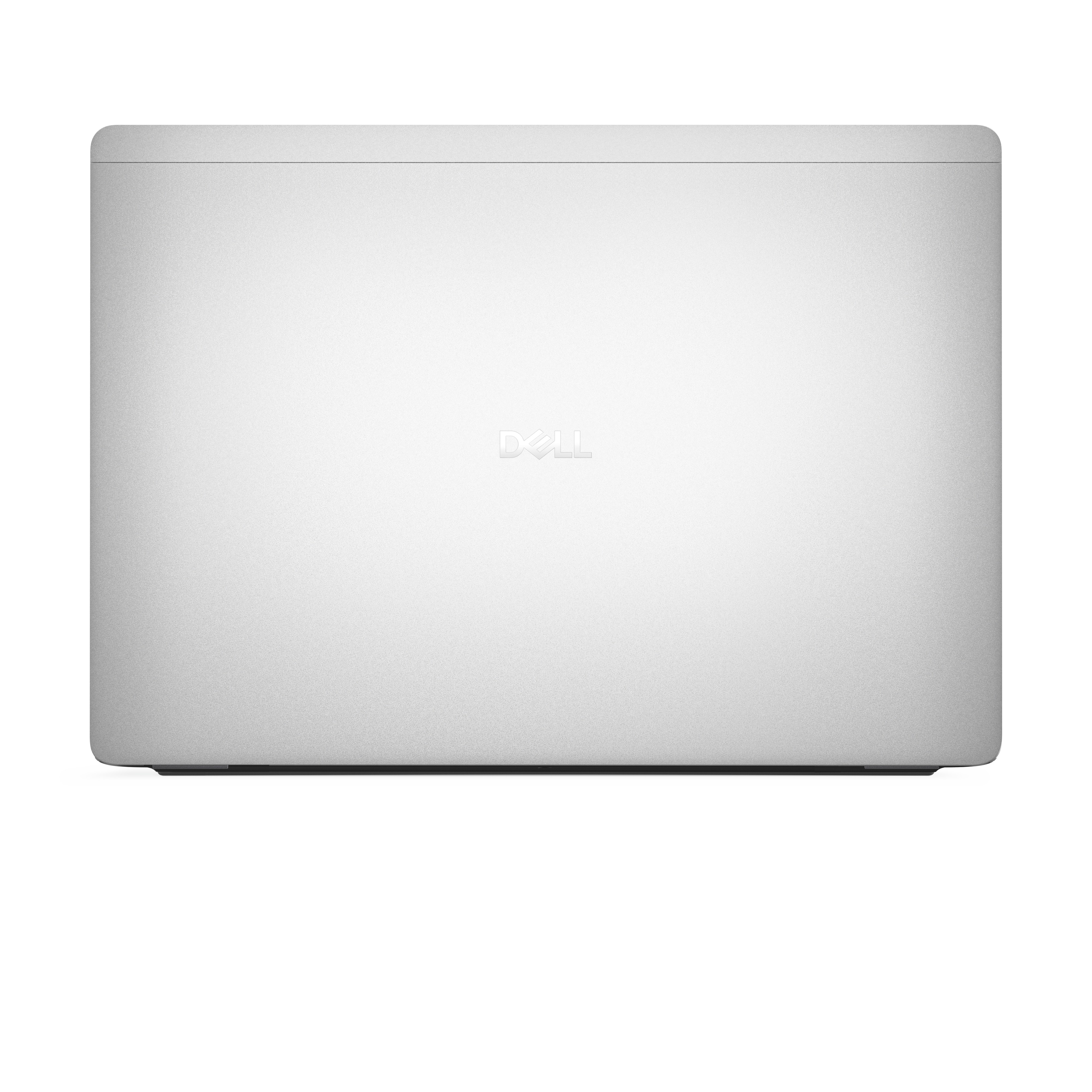 Ein silberner Dell-Laptop-Deckel ist zentriert. Das Dell-Logo ist sichtbar. Der Hintergrund ist weiß.