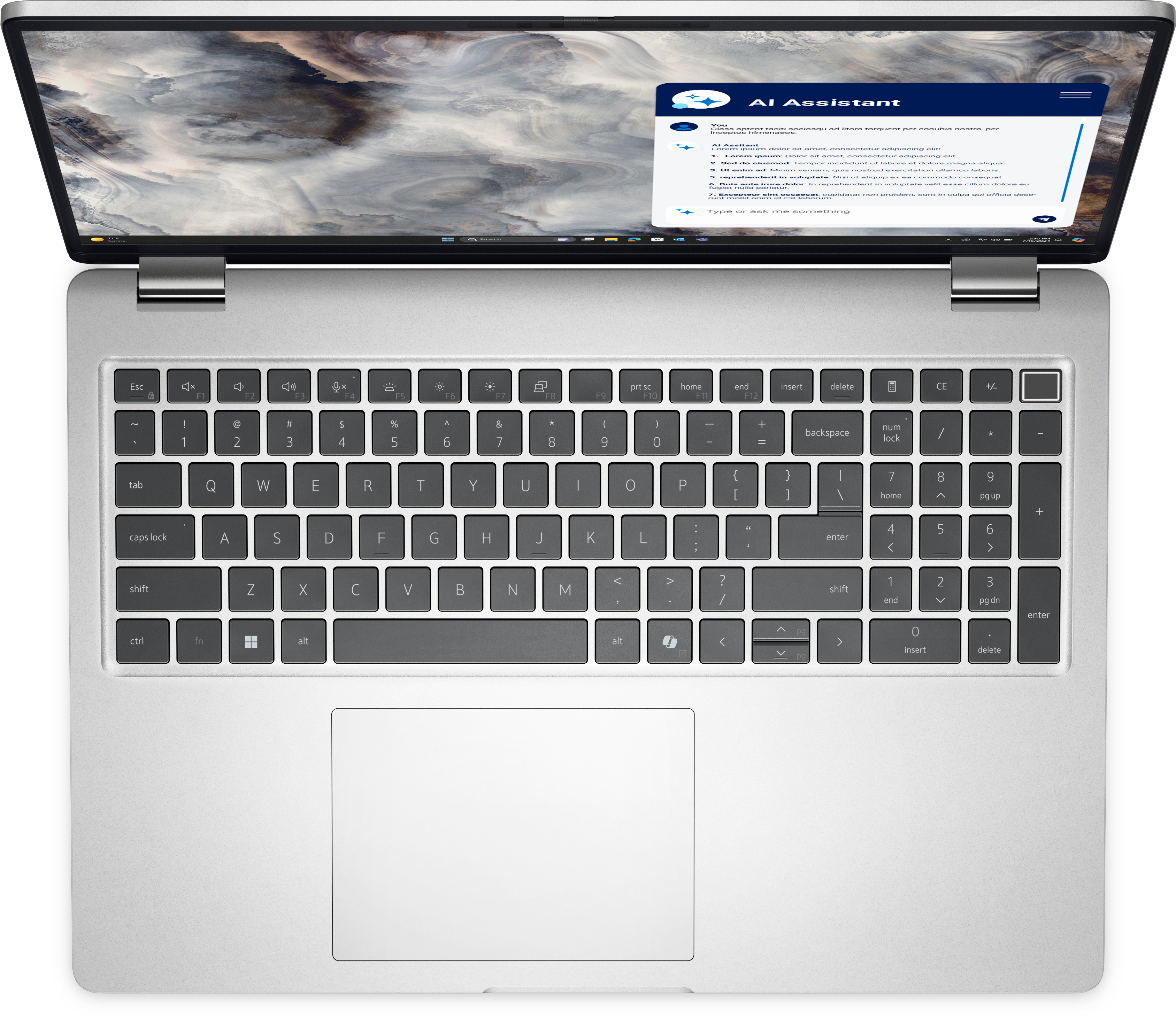 Geöffneter Laptop mit KI-Assistenten. Tastatur sichtbar. Hintergrund mit Wolkenmuster.