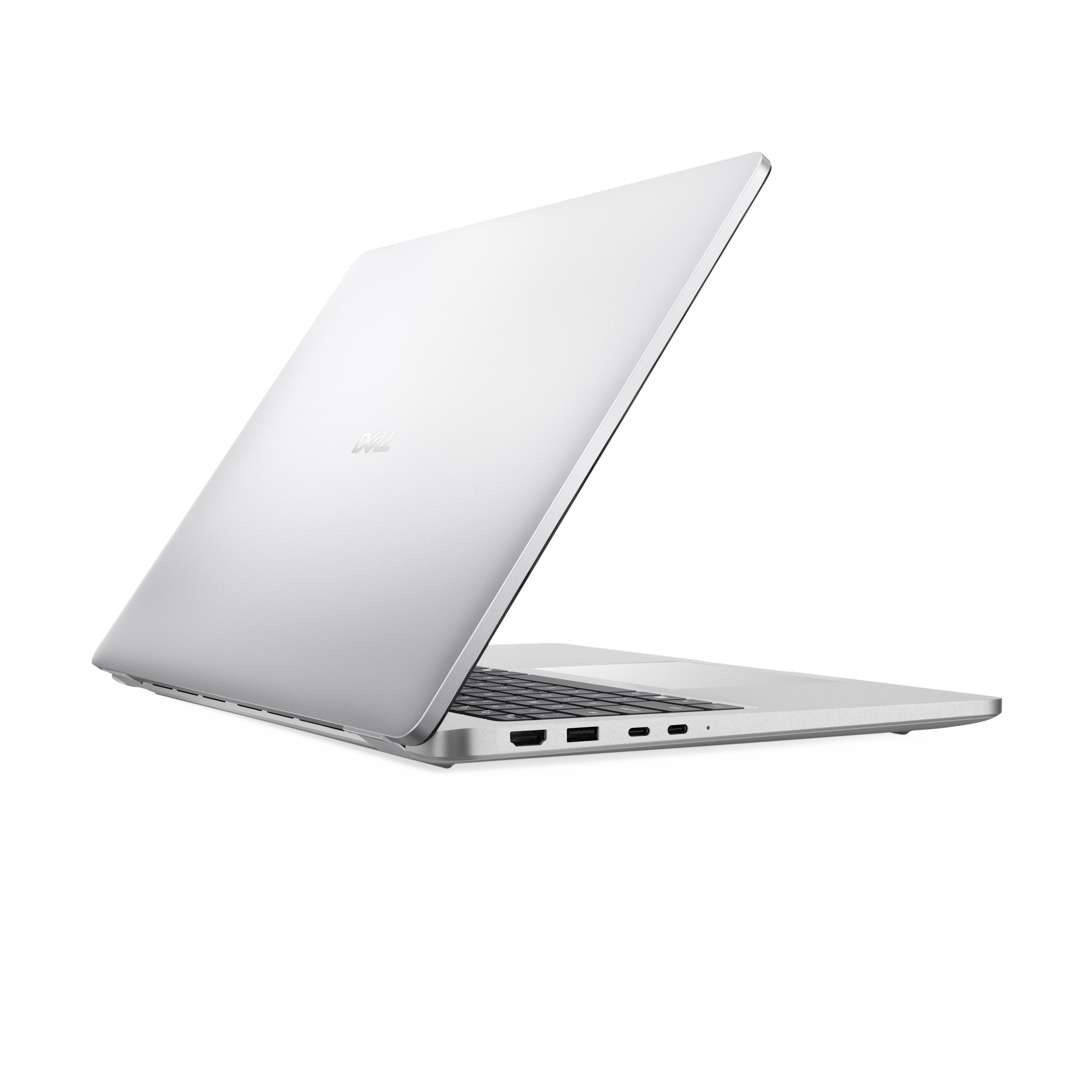 Ein silberner Laptop steht leicht geöffnet auf weißem Hintergrund. Das Dell-Logo ist sichtbar.
