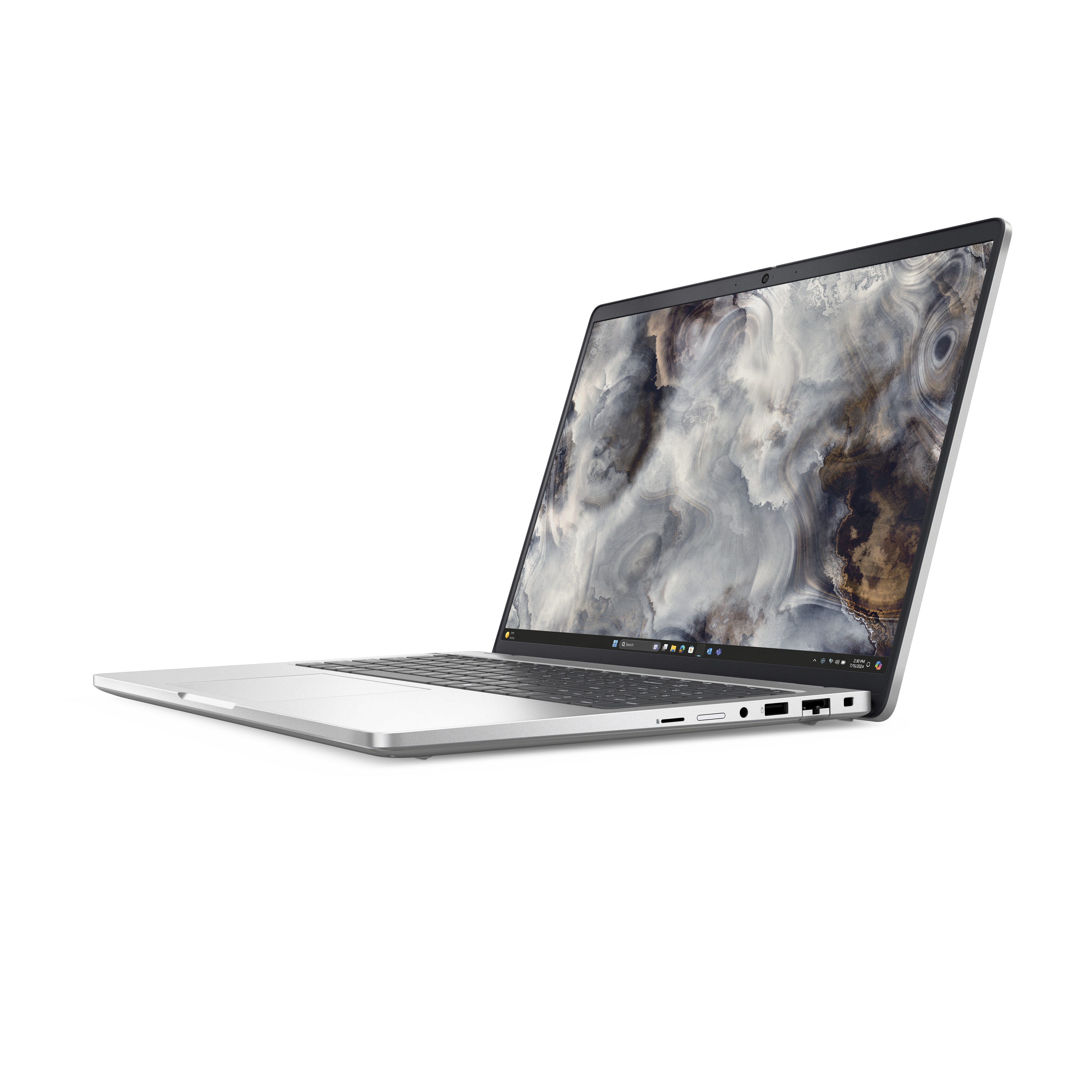 Ein silberner Laptop ist leicht geöffnet und zeigt einen wolkenartigen Bildschirm auf weißem Hintergrund. Der Laptop ist nach rechts geneigt.