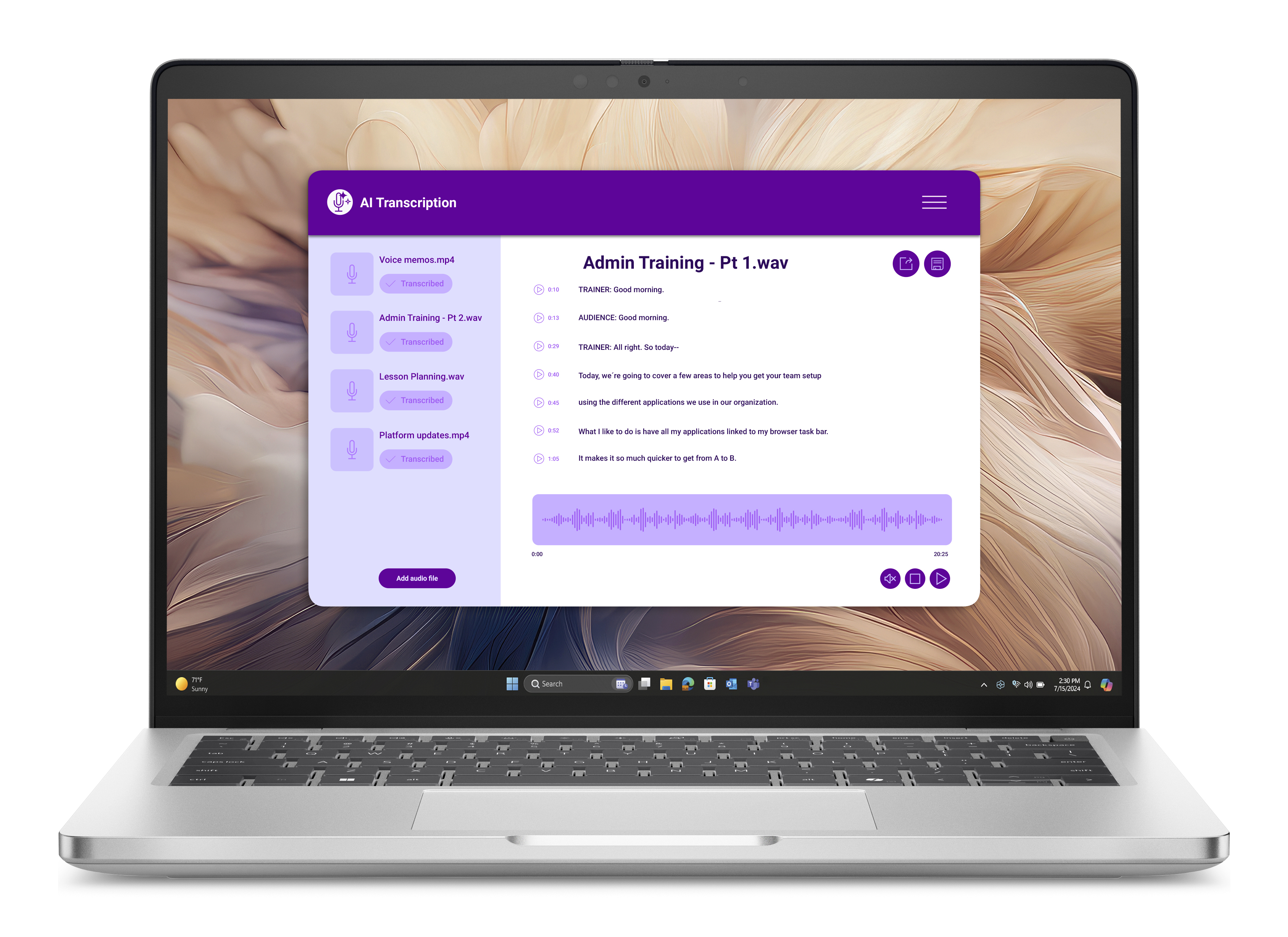 Laptop mit AI-Transkriptions-Interface. Audiodateien sind aufgelistet. Eine Wellenform ist zu sehen. Der Hintergrund ist unscharf.