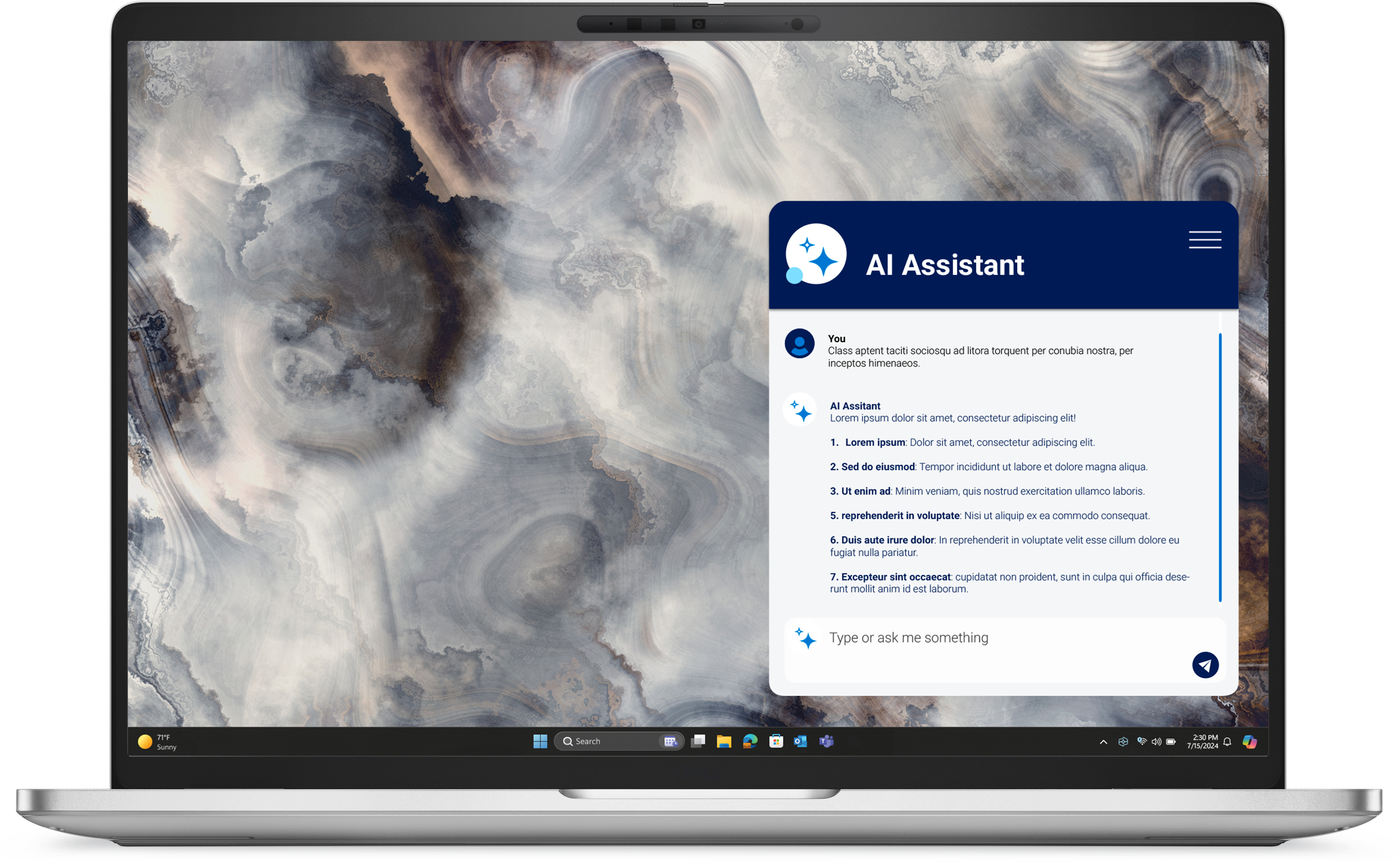 Der Laptop-Bildschirm zeigt eine KI-Assistenten-Oberfläche. Der Hintergrund ist ein Marmordesign. Uhrzeit und Datum werden angezeigt.