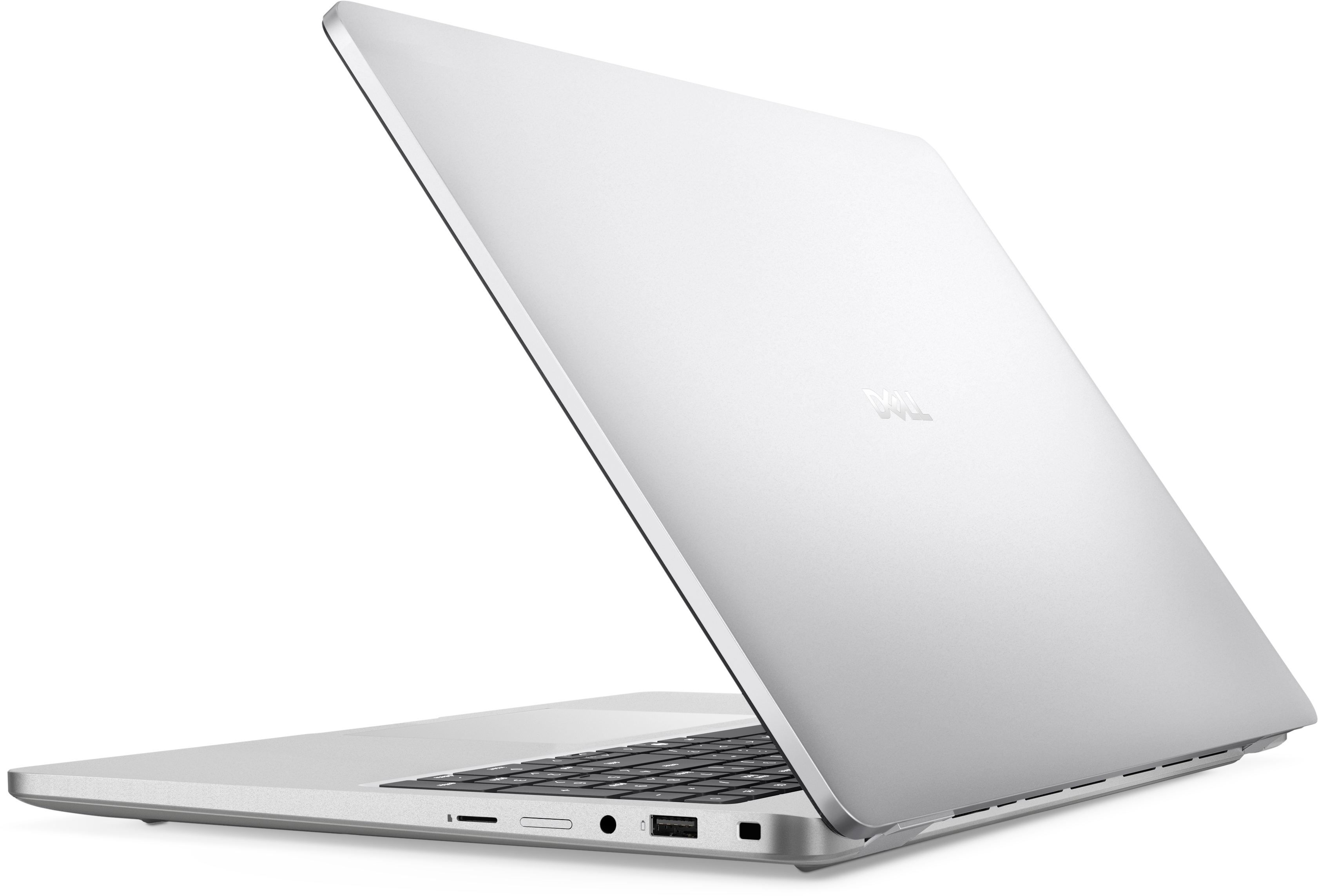 Silberner Laptop, leicht geöffnet, auf weißem Hintergrund. Tastatur sichtbar. Dell-Logo auf dem Deckel.