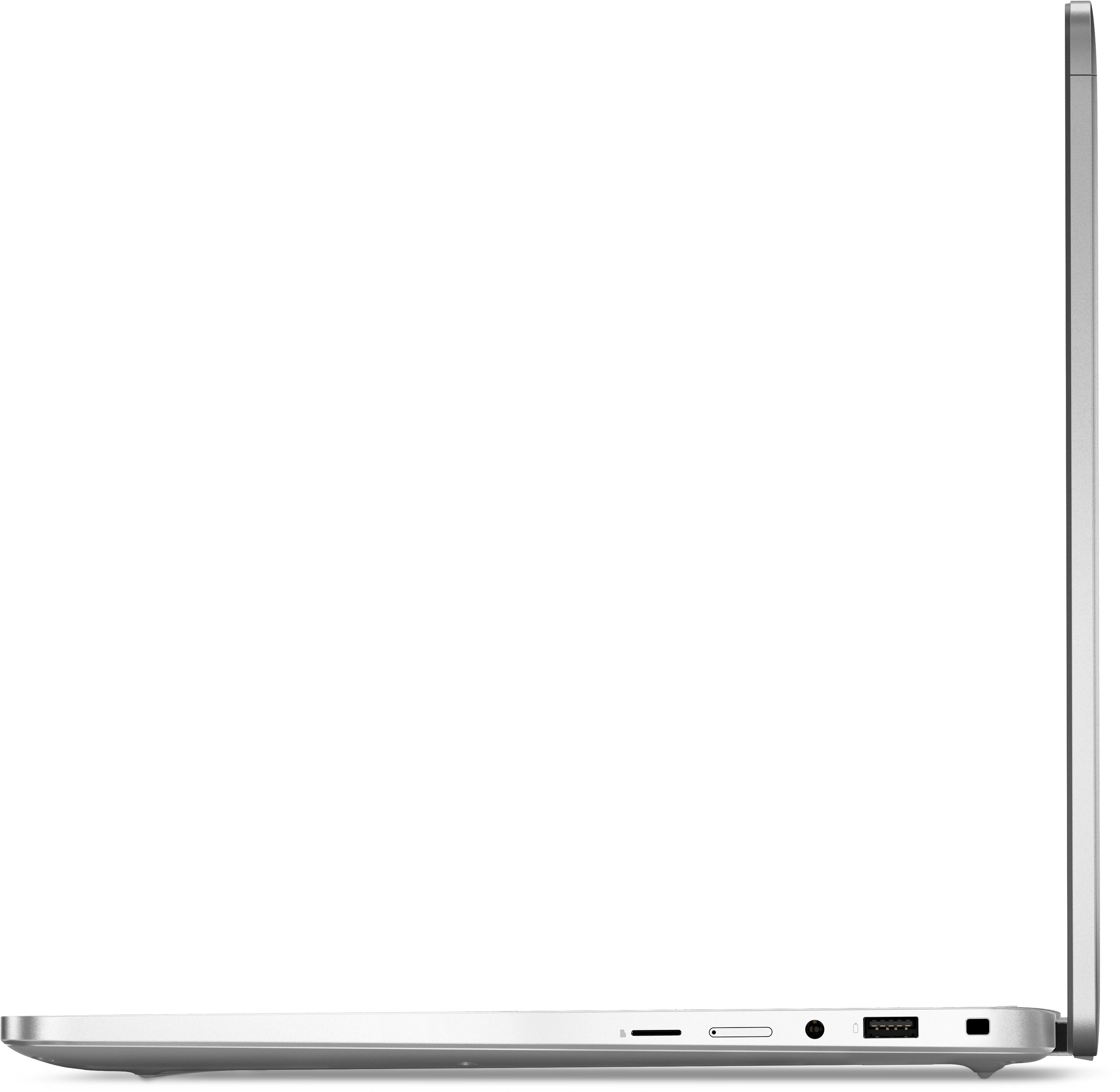 Seitenansicht eines silbernen Laptops, geöffnet. Anschlüsse sichtbar: USB, Audio und SD-Kartenleser. Weißer Hintergrund.