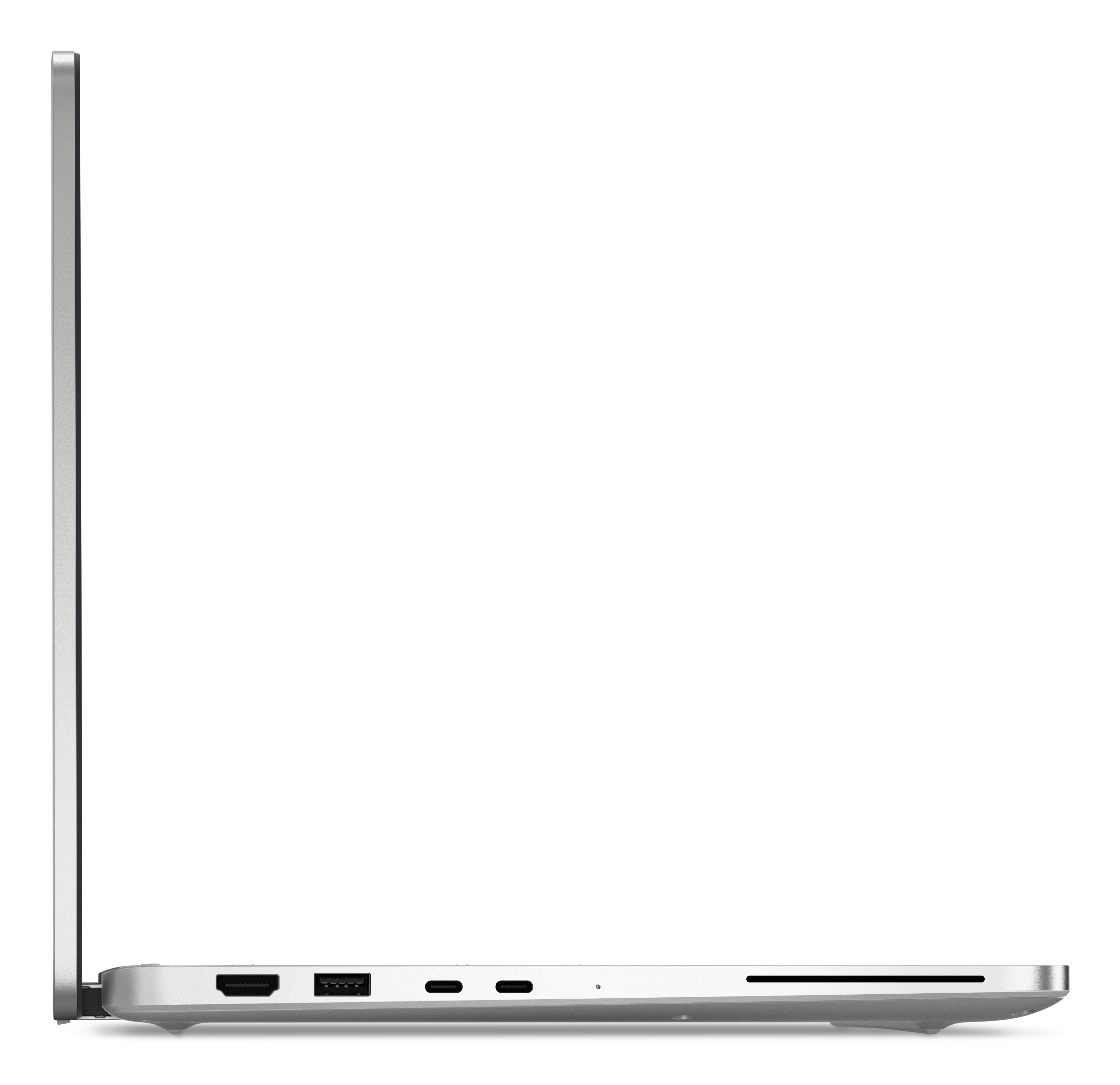 Seitenansicht eines silbernen Laptops. Anschlüsse sind sichtbar. Der Bildschirm ist dünn und der Hintergrund ist weiß.