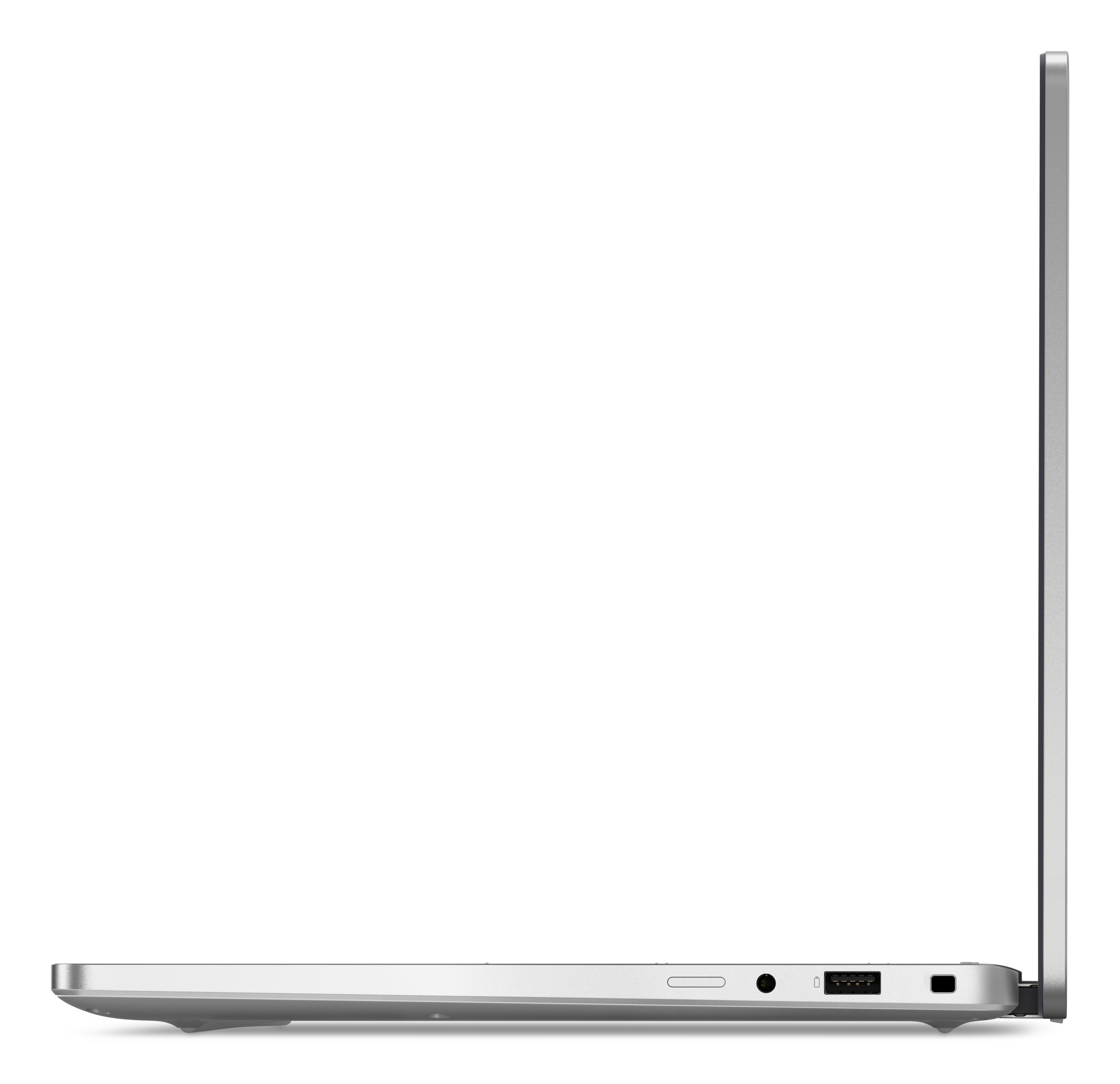 Seitenansicht eines silbernen Laptops. Der Bildschirm ist geöffnet. Anschlüsse und ein Netzschalter sind sichtbar.