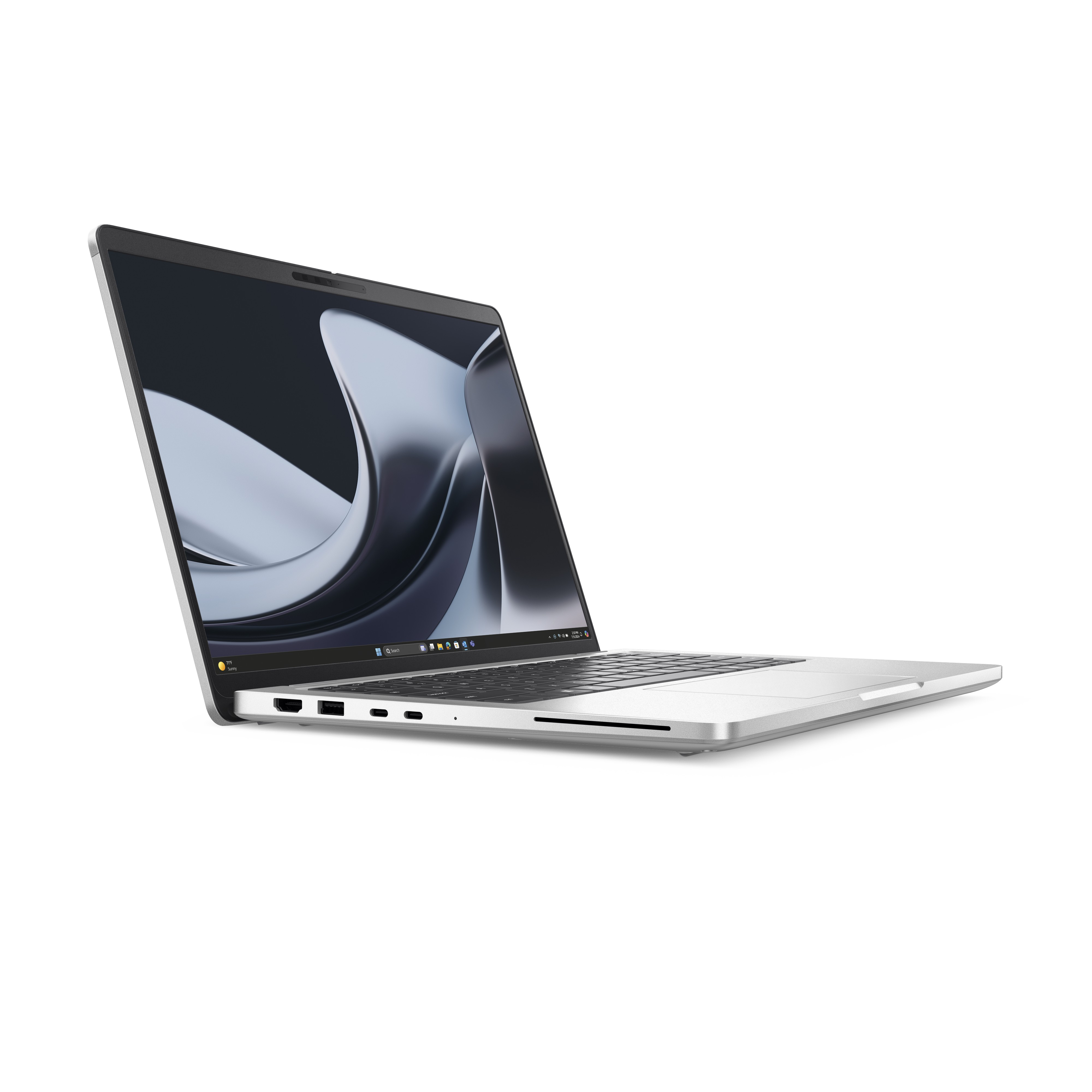 Silberner Laptop auf weißem Hintergrund, der Bildschirm zeigt ein verschwommenes Bild. Der Laptop ist teilweise geöffnet.