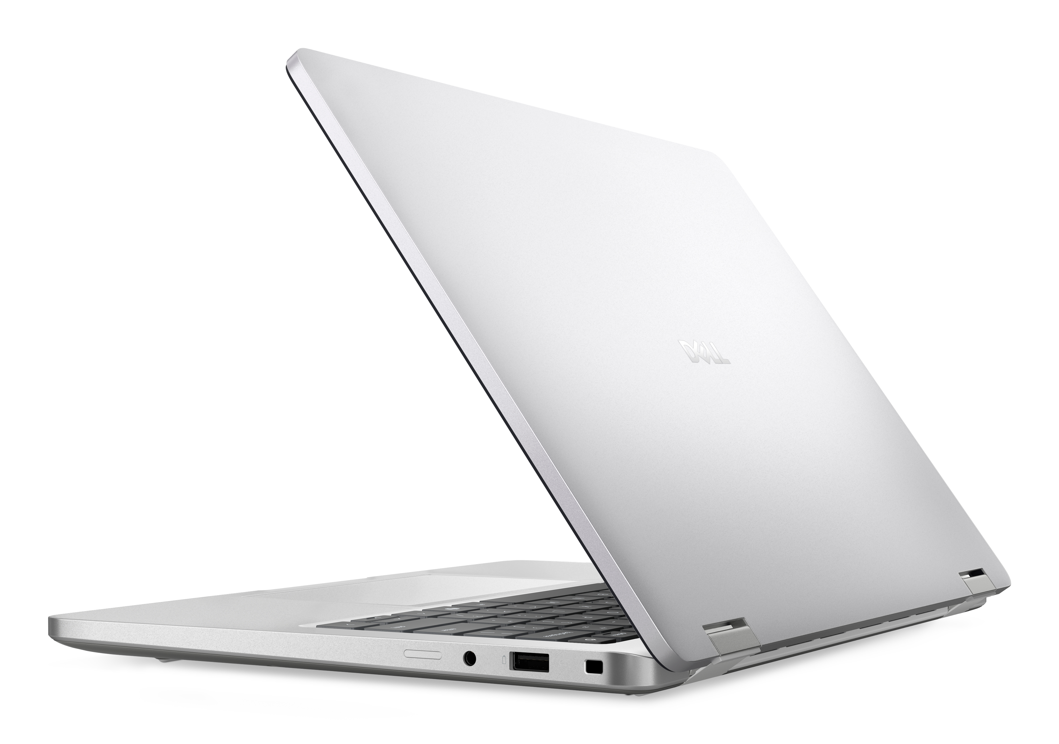 Silberner Laptop mit teilweise geöffnetem Bildschirm. Das Dell-Logo ist sichtbar. Tastatur und Anschlüsse sind ebenfalls sichtbar.