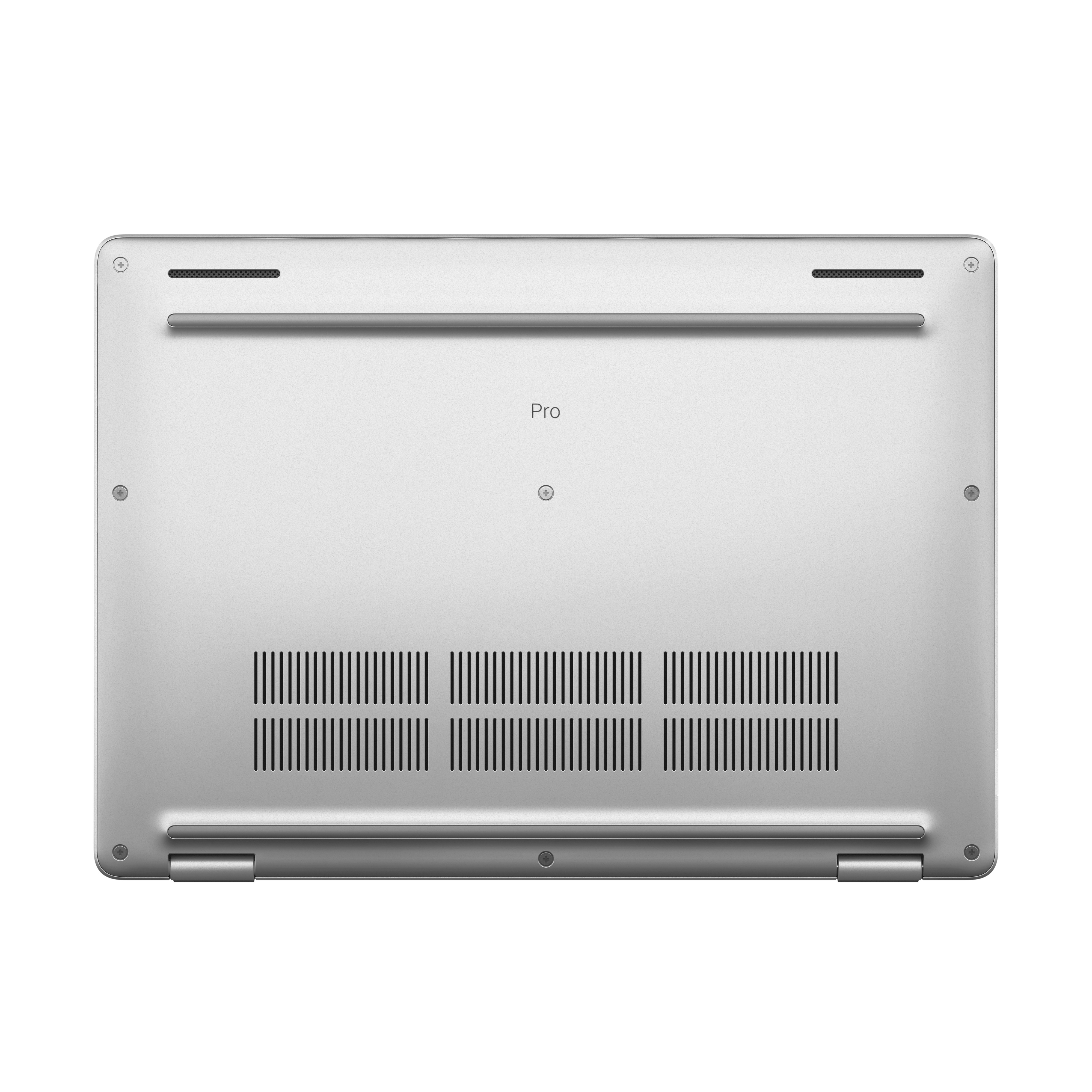 Die Rückseite eines silbernen Laptops. Es hat ein Lüftungsgitter, das Wort 'Pro' und verschiedene Schrauben. Der Laptop steht vor weißem Hintergrund.