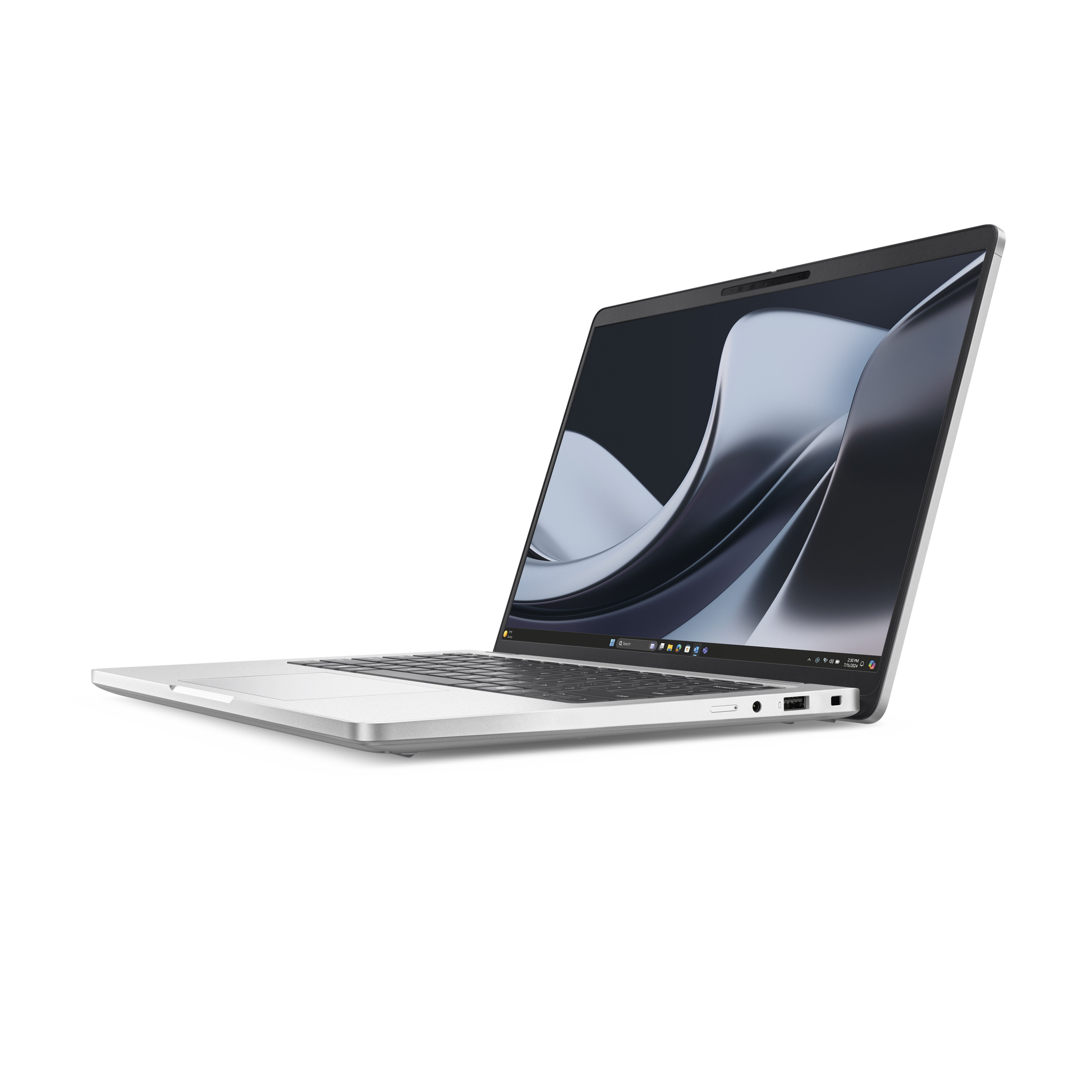 Silberner Laptop geöffnet auf weißem Hintergrund. Bildschirm zeigt abstraktes Bild. Tastatur sichtbar. Anschlüsse und Rahmen sind schwarz.