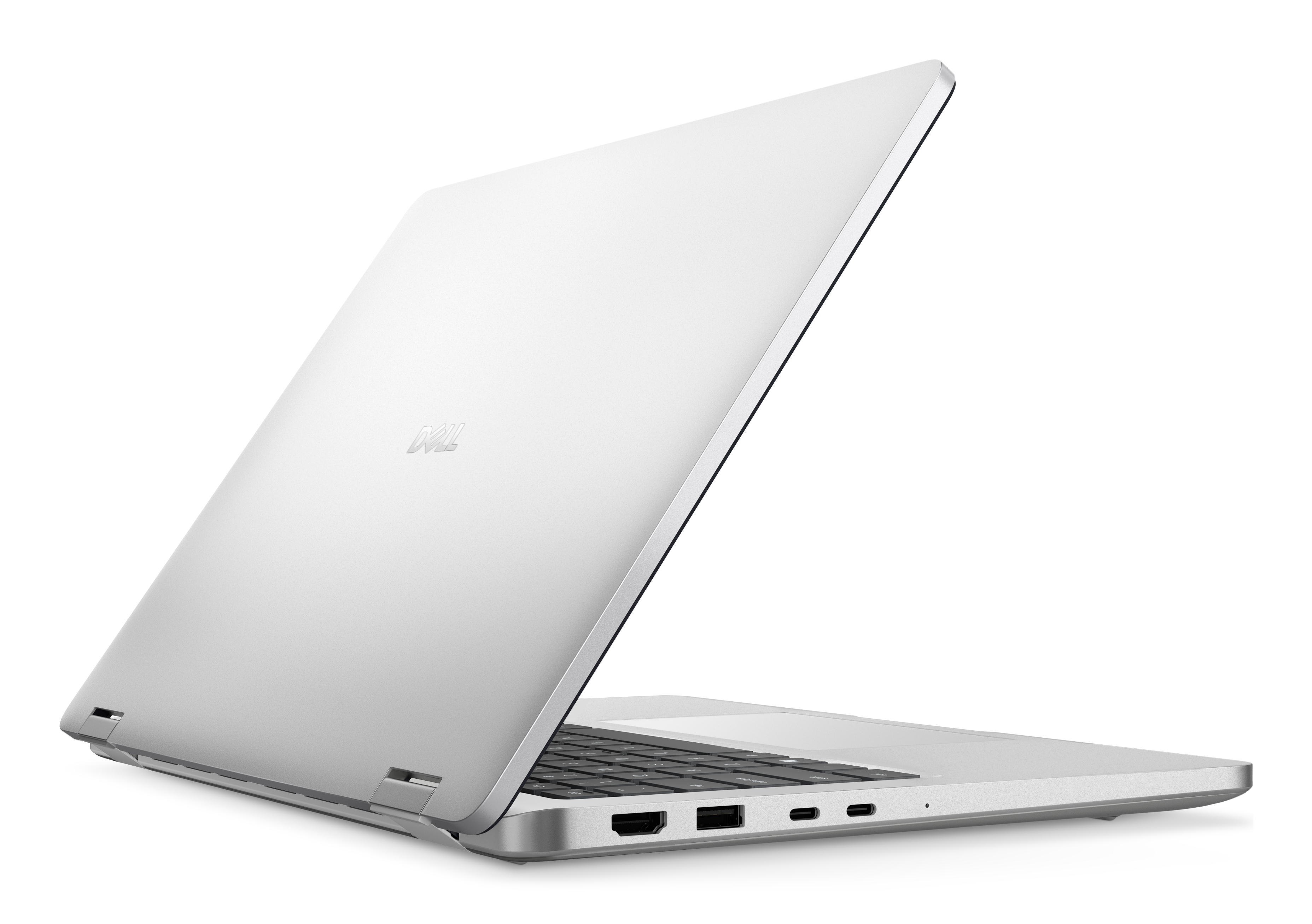 Ein silberner Dell-Laptop ist geöffnet. Der Bildschirm ist oben, wobei die Tastatur und die Anschlüsse zu sehen sind. Der Laptop ist vor weißem Hintergrund.