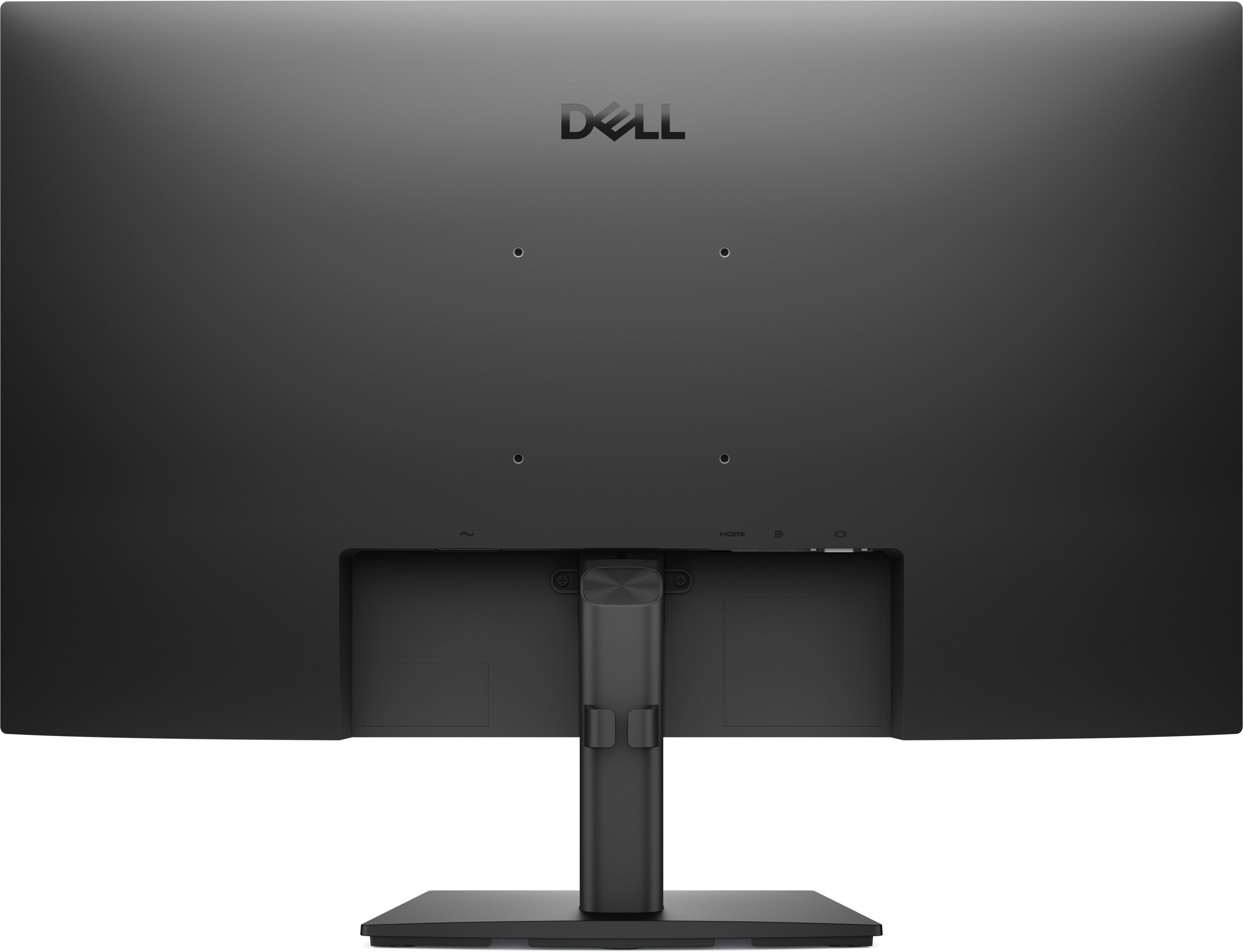 Rückseite eines schwarzen Dell-Monitors, mit dem Dell-Logo oben. Anschlüsse und Ständer sind sichtbar.