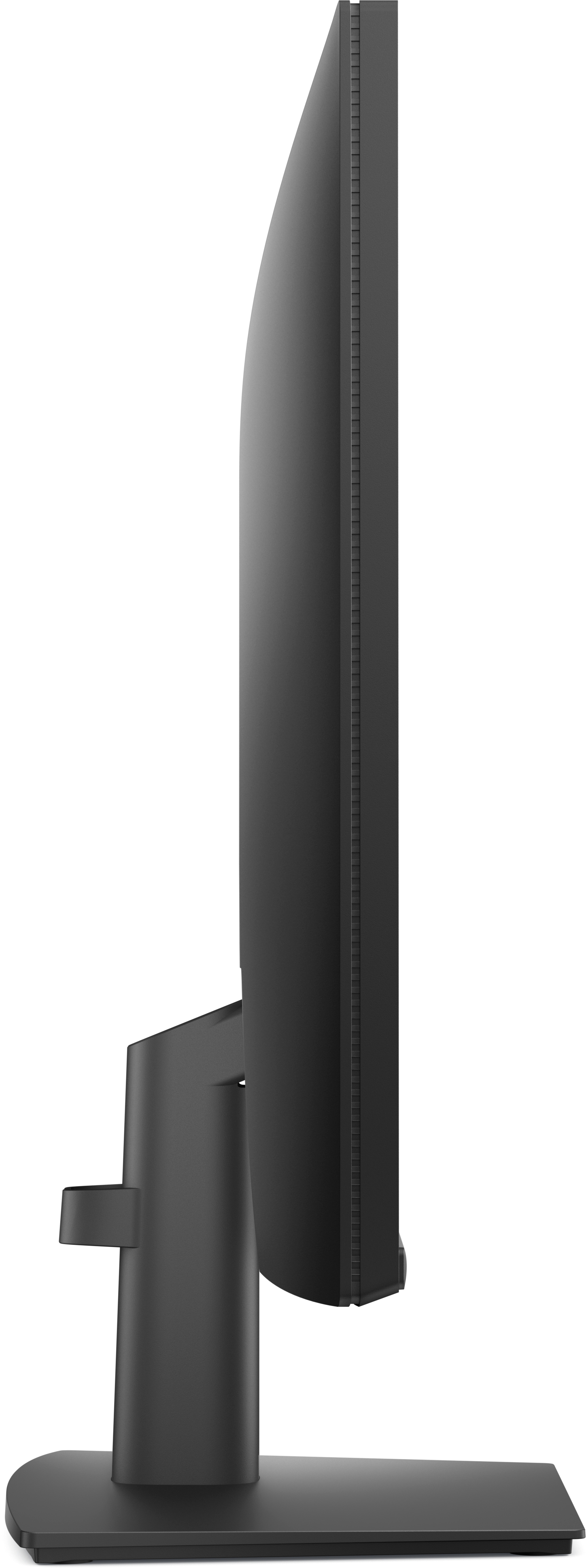 Seitenansicht eines schwarzen Computermonitors. Er hat einen Ständer. Der Bildschirm ist dunkel. Der Hintergrund ist weiß.