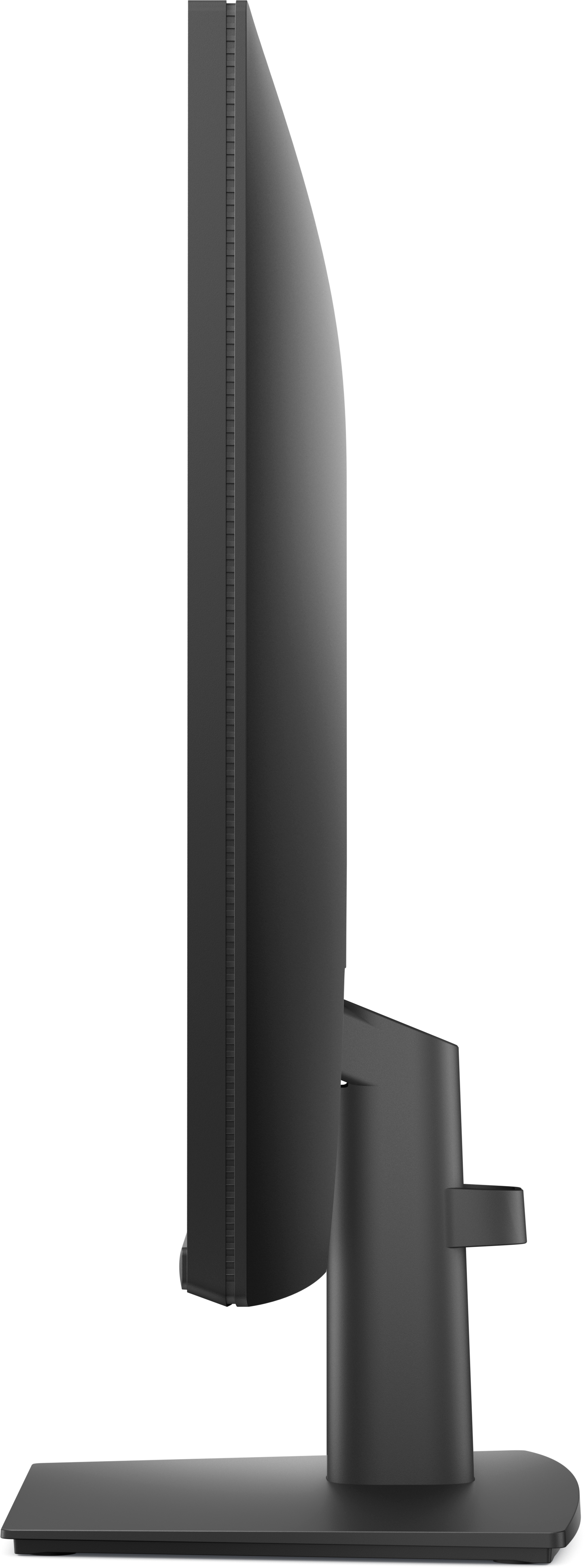 Seitenansicht eines schwarzen Computermonitors. Er hat einen rechteckigen Bildschirm, einen Ständer und einen Sockel. Der Hintergrund ist weiß.