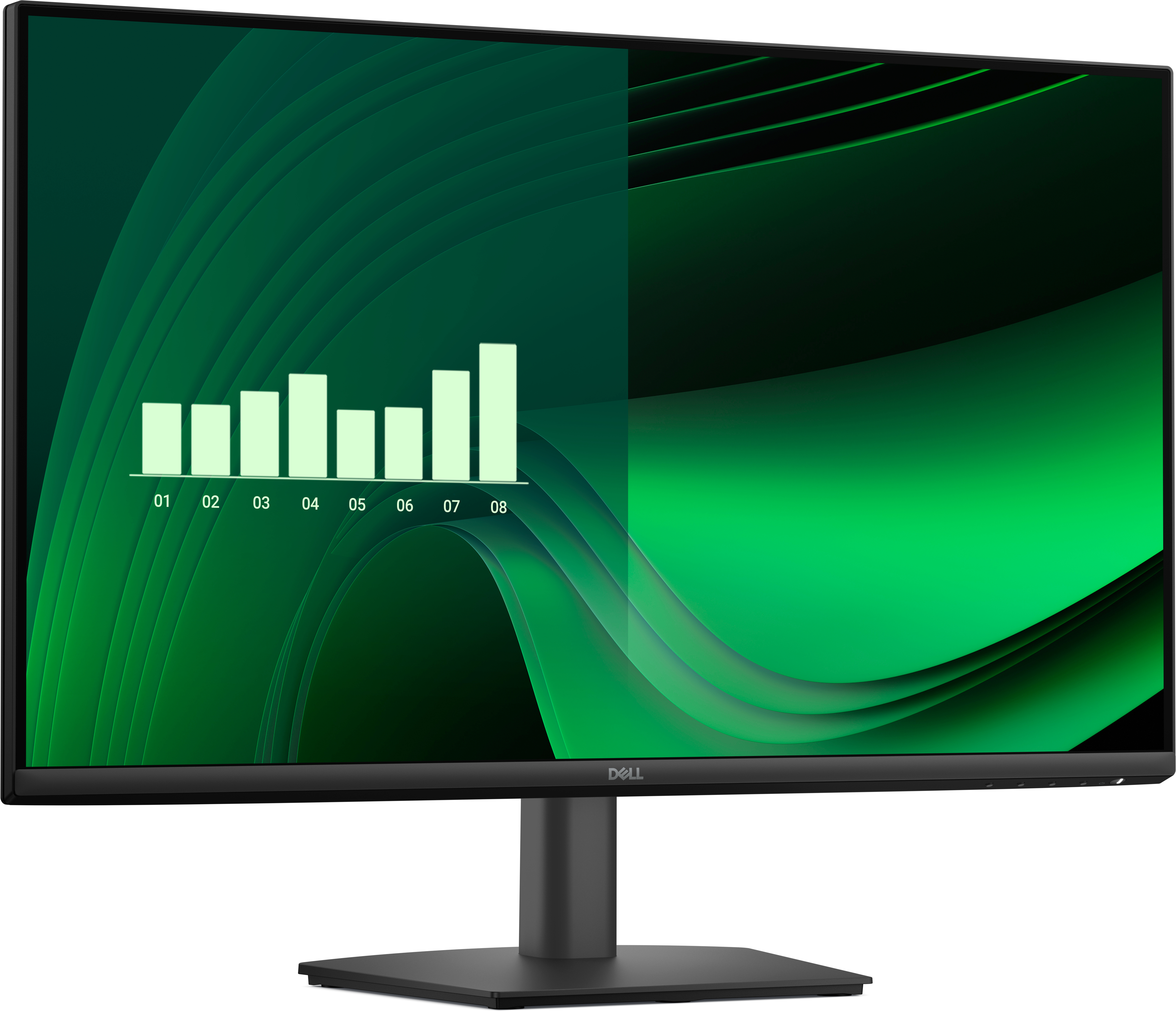 Ein Dell-Monitor zeigt ein Diagramm mit grünen Balken und ein wellenförmiges grünes Design auf dem Bildschirm. Der Monitor ist schwarz.