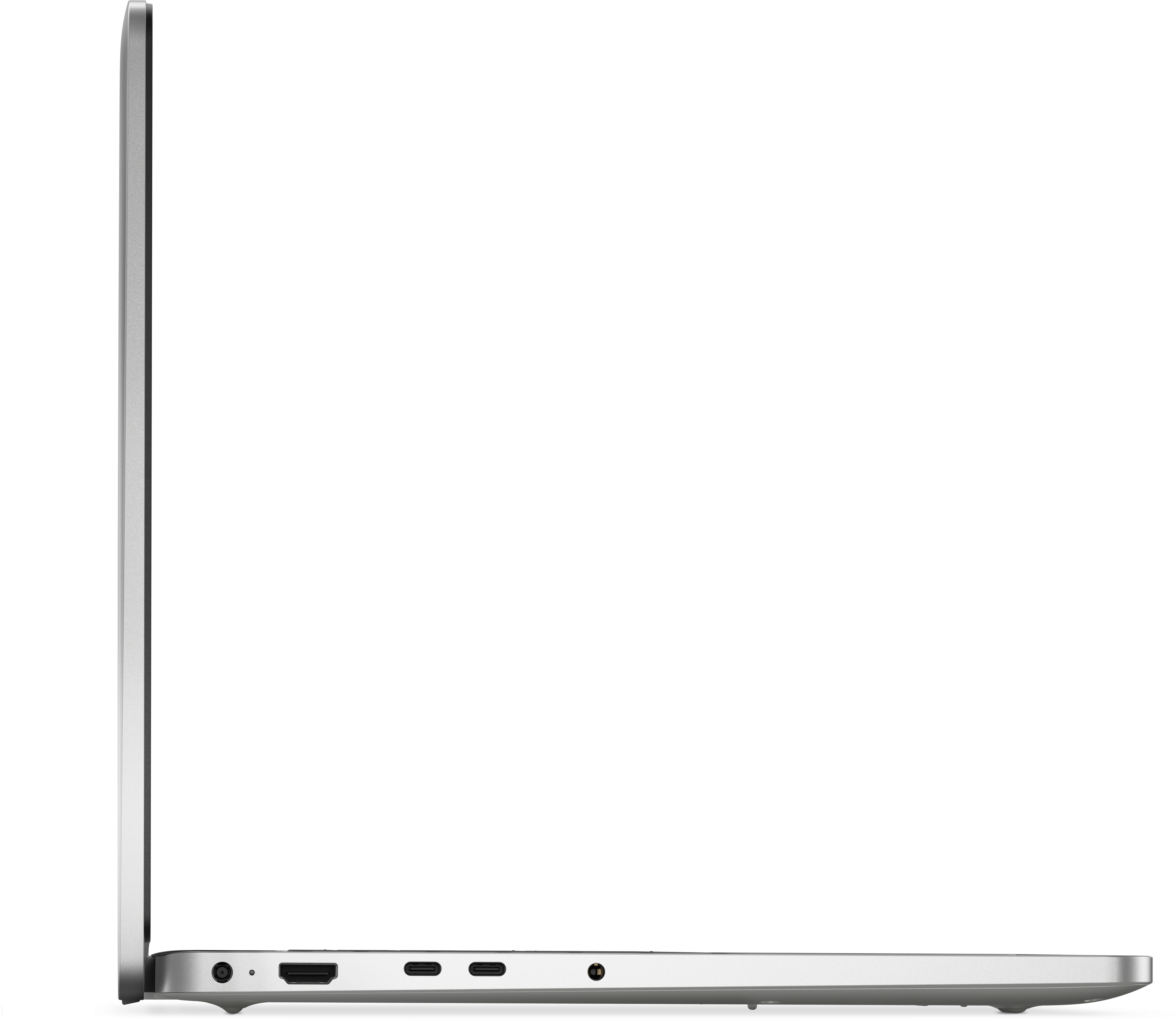 Seitenansicht eines silbernen Laptops, teilweise geöffnet. Zeigt Anschlüsse und einen schwarzen Bildschirm, vor weißem Hintergrund.