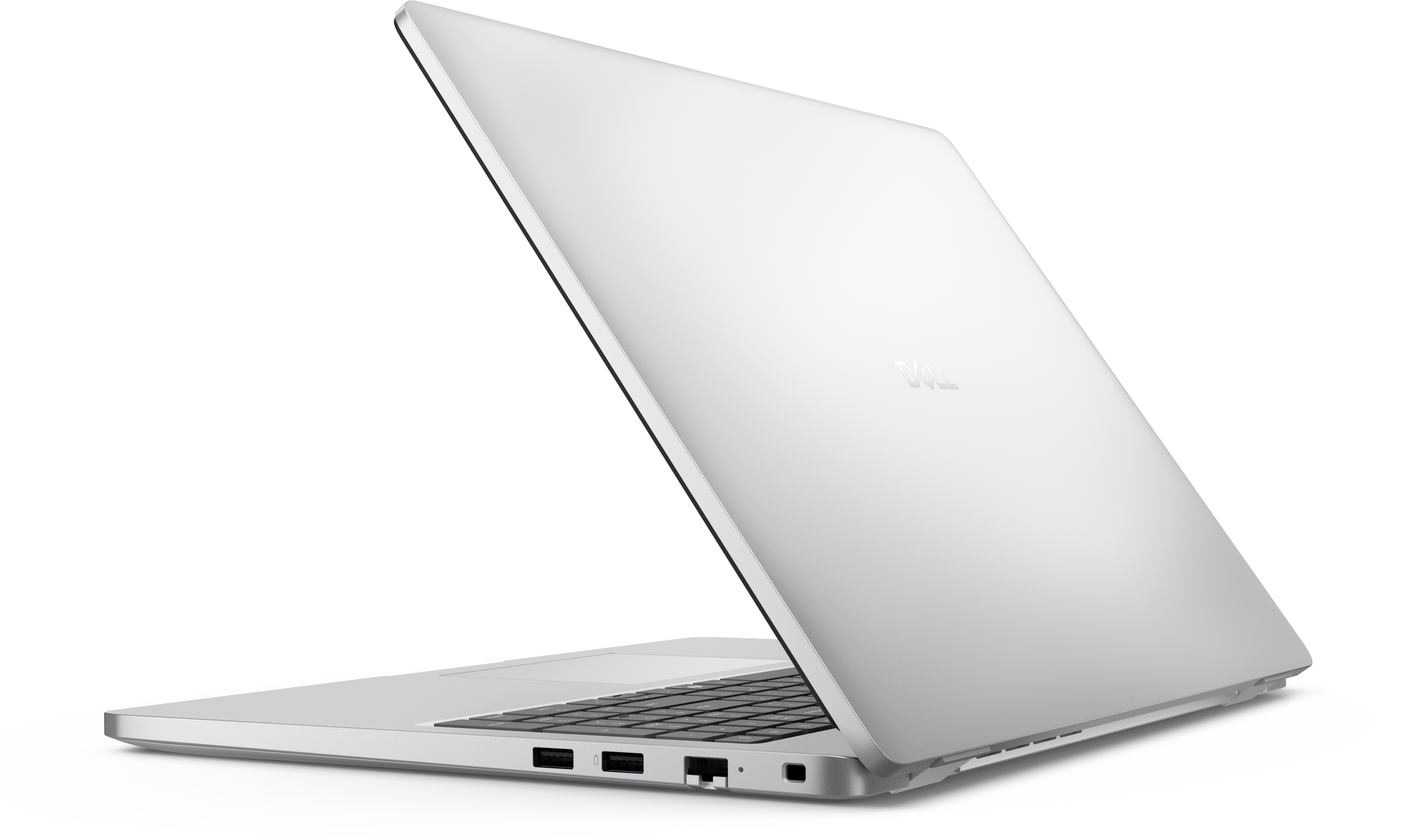 Ein silberner Laptop, leicht geöffnet, liegt auf einer weißen Oberfläche. Das Dell-Logo ist auf dem Deckel sichtbar. Tastatur und Anschlüsse sind sichtbar.