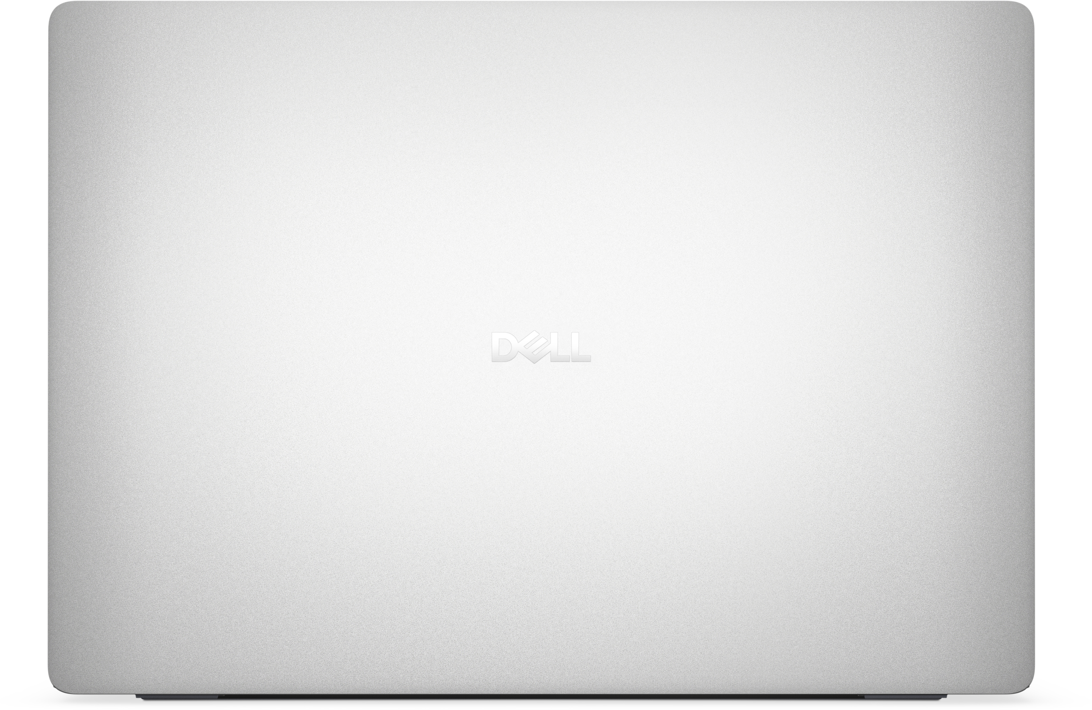 Die Oberseite eines silbernen Laptops mit dem Dell-Logo in der Mitte. Der Laptop befindet sich auf weißem Hintergrund.