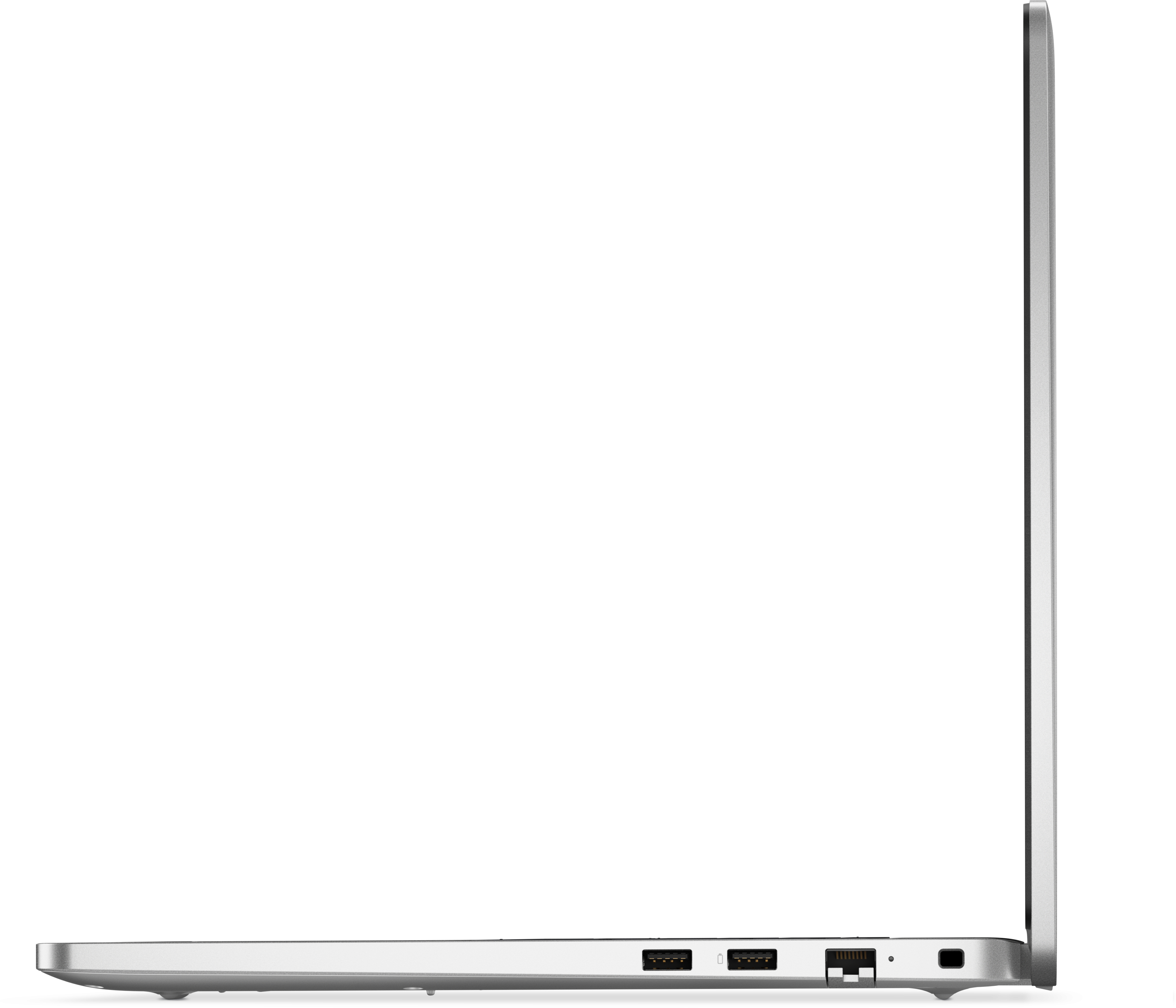 Seitenansicht eines silbernen Laptops. Anschlüsse sind sichtbar. Der Bildschirm ist dünn.