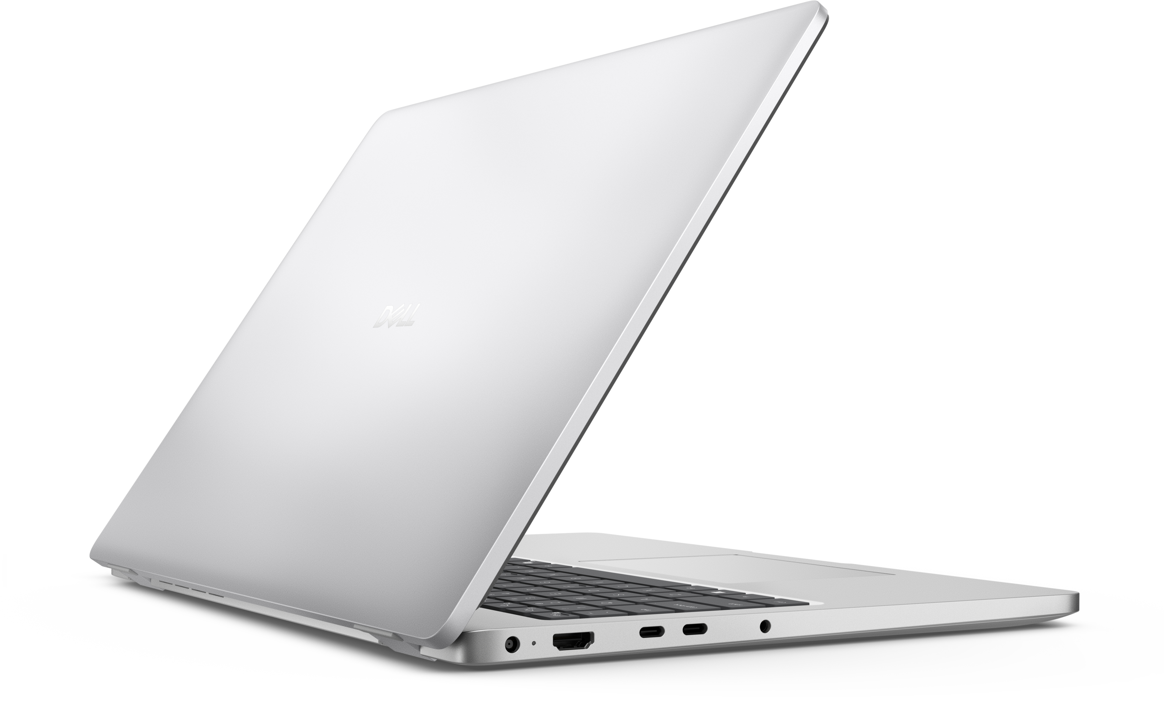 Silberner Laptop, leicht geöffnet, schräge Ansicht. Zeigt Tastatur, Anschlüsse und Dell-Logo auf dem Deckel. Weißer Hintergrund.