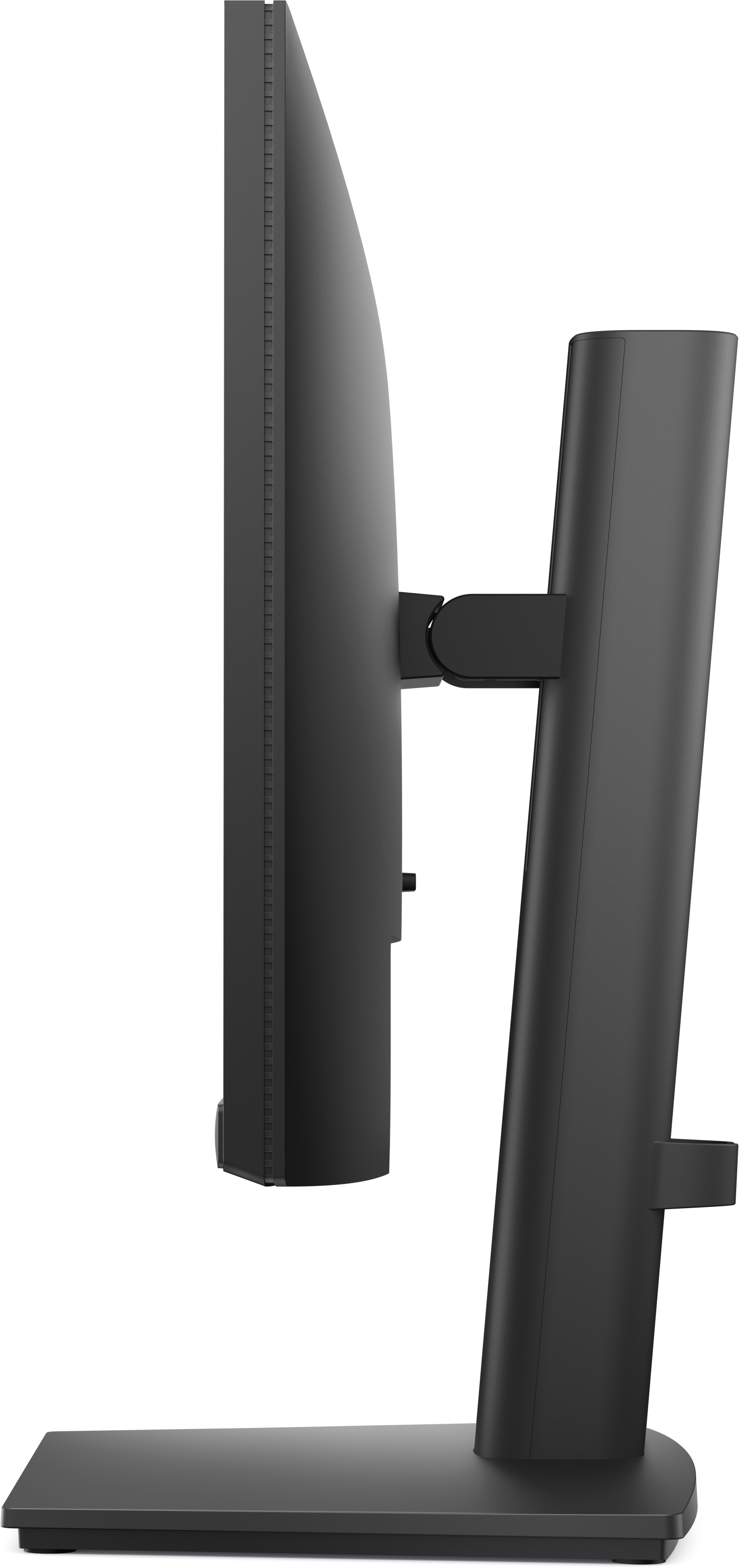 Ein schwarzer Computermonitor wird von der Seite gezeigt. Er hat einen Ständer und einen Sockel. Der Hintergrund ist weiß.