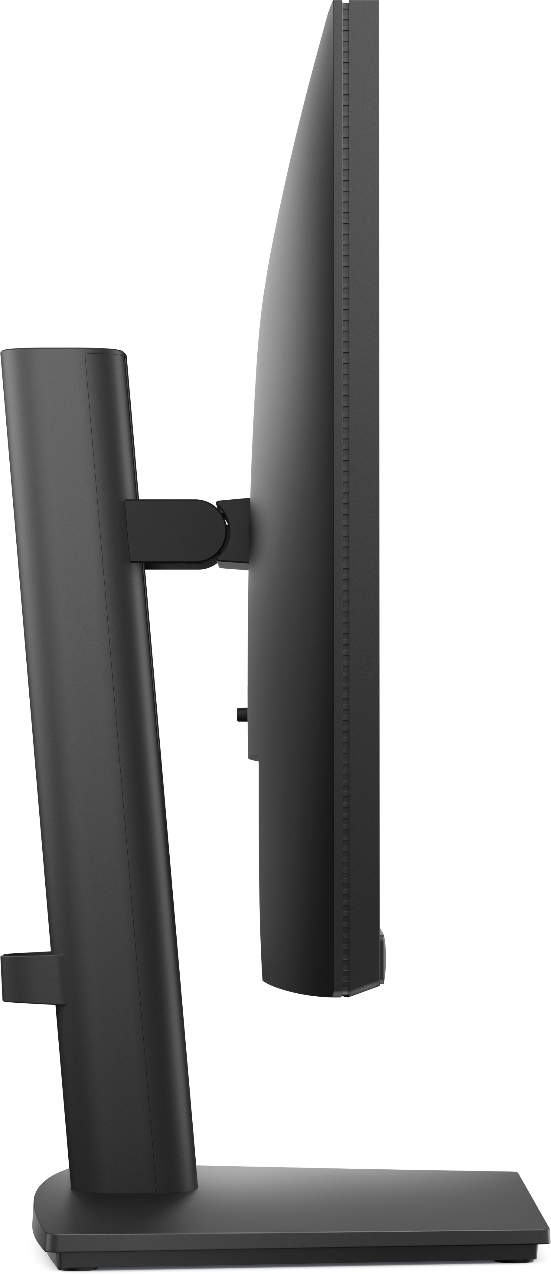 Ein schwarzer Computermonitor von der Seite. Er hat einen Ständer und steht vor einem weißen Hintergrund.
