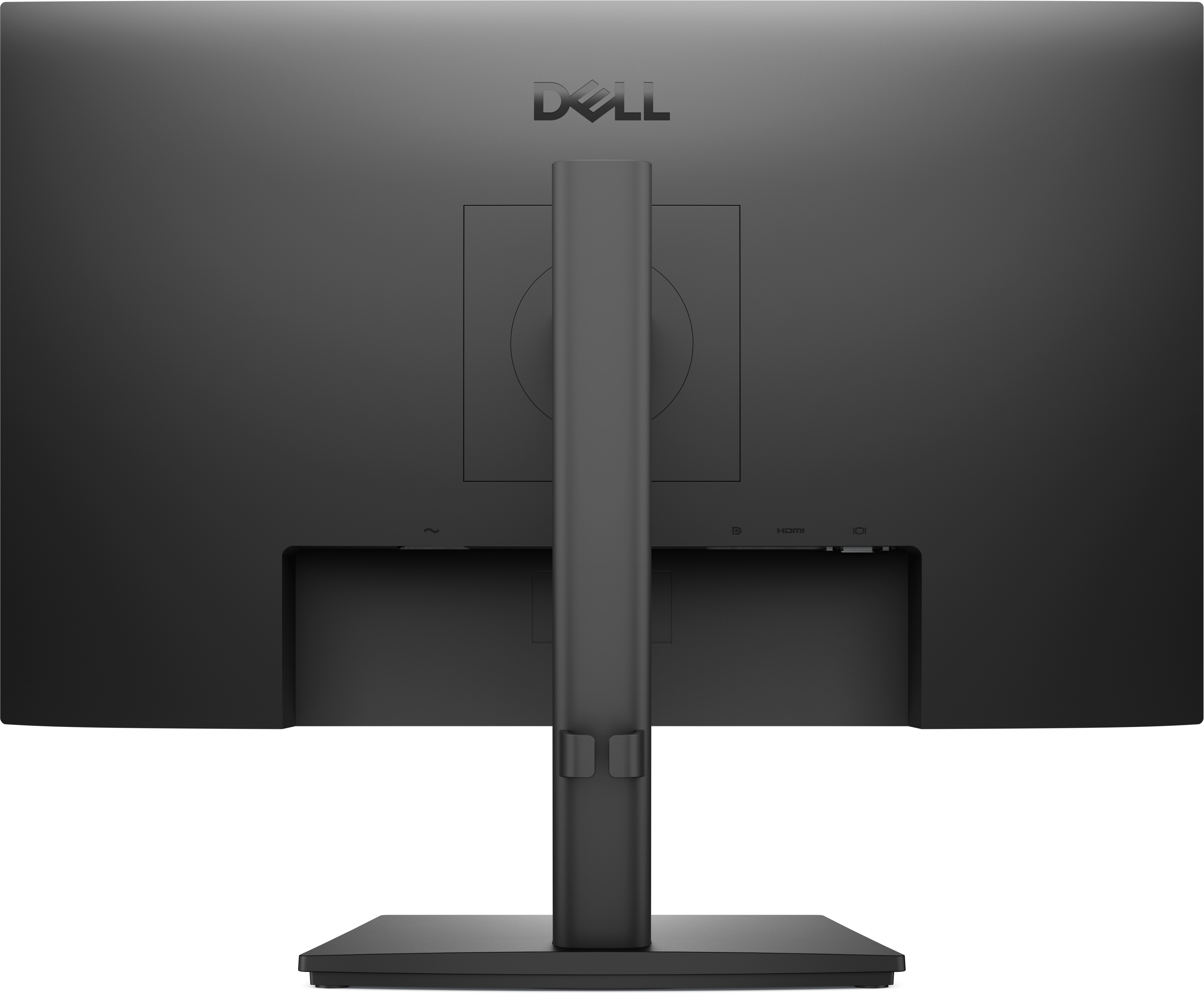Rückansicht eines schwarzen Dell-Monitors. Er hat einen Ständer, ein Logo und verschiedene Anschlüsse.