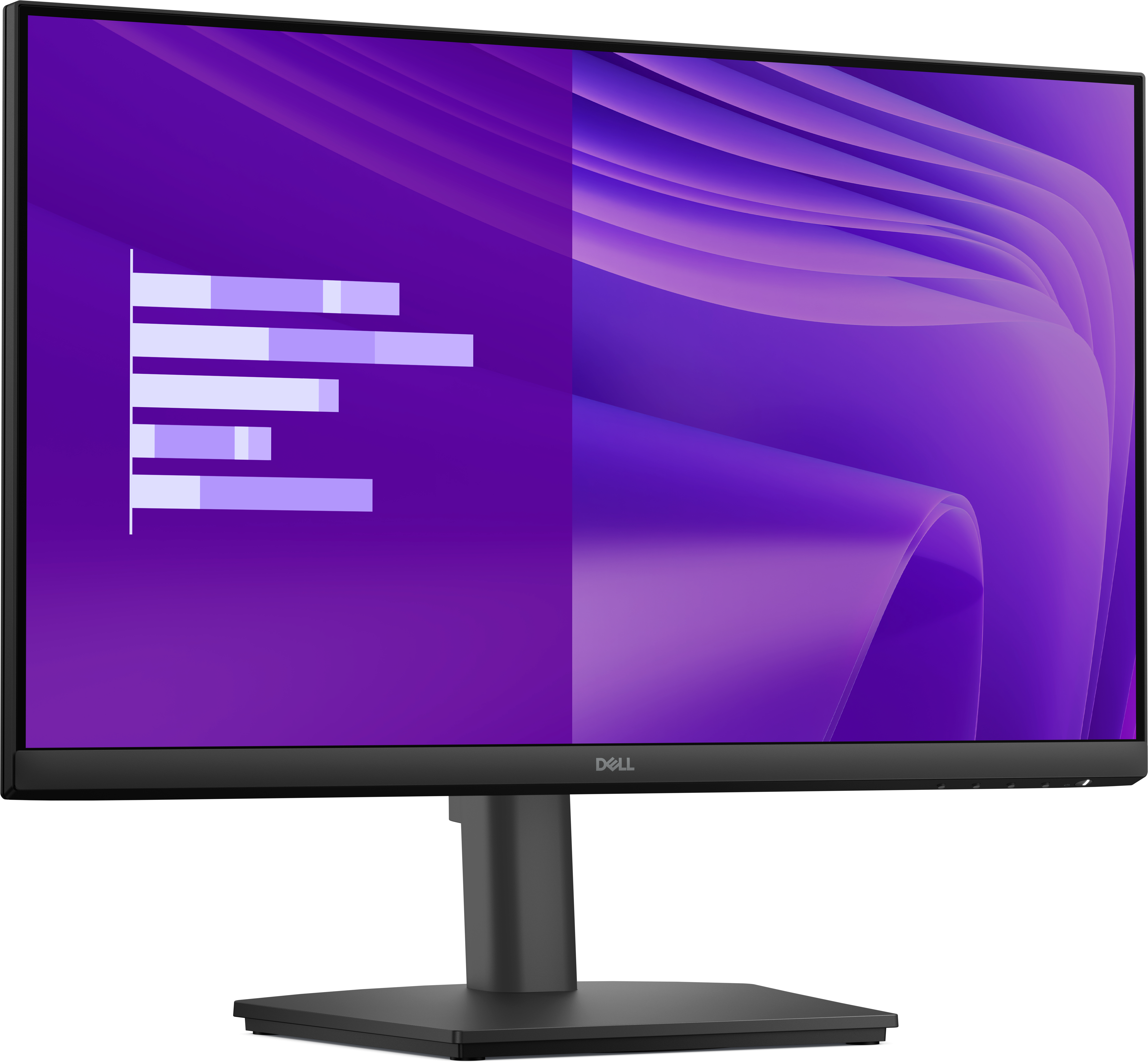 Ein Dell-Monitor zeigt einen lila Farbverlauf und ein Diagramm. Der Monitor ist schwarz mit schwarzem Ständer auf weißem Hintergrund.