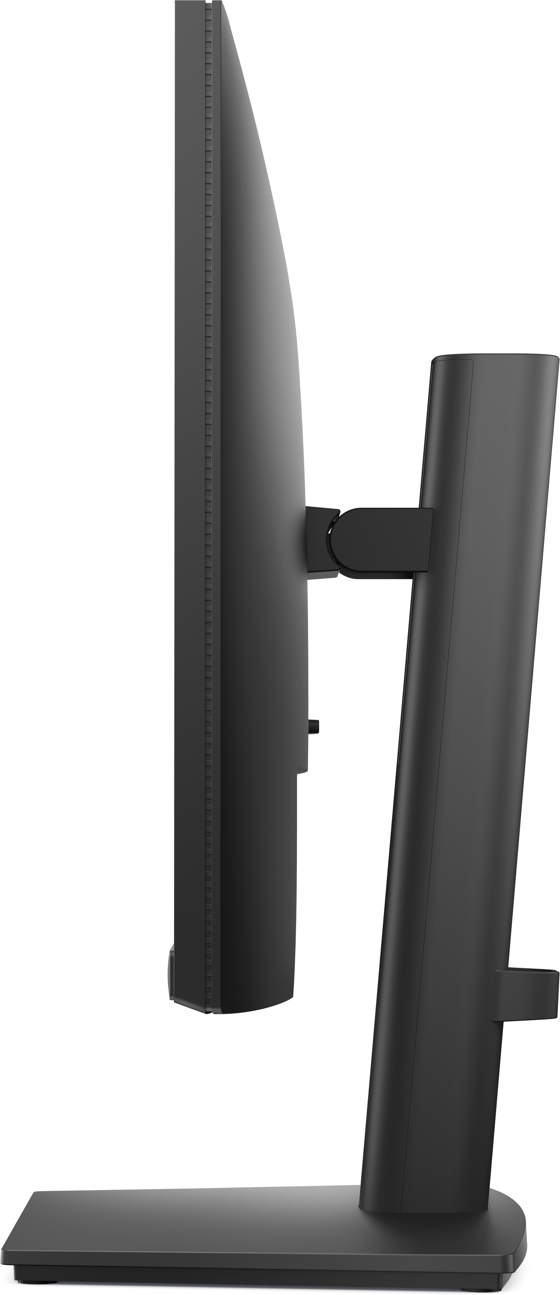 Ein schwarzer Computermonitor im Profil mit seinem Ständer. Der Monitor ist durch ein Scharnier mit dem Ständer verbunden und befindet sich auf weißem Hintergrund.