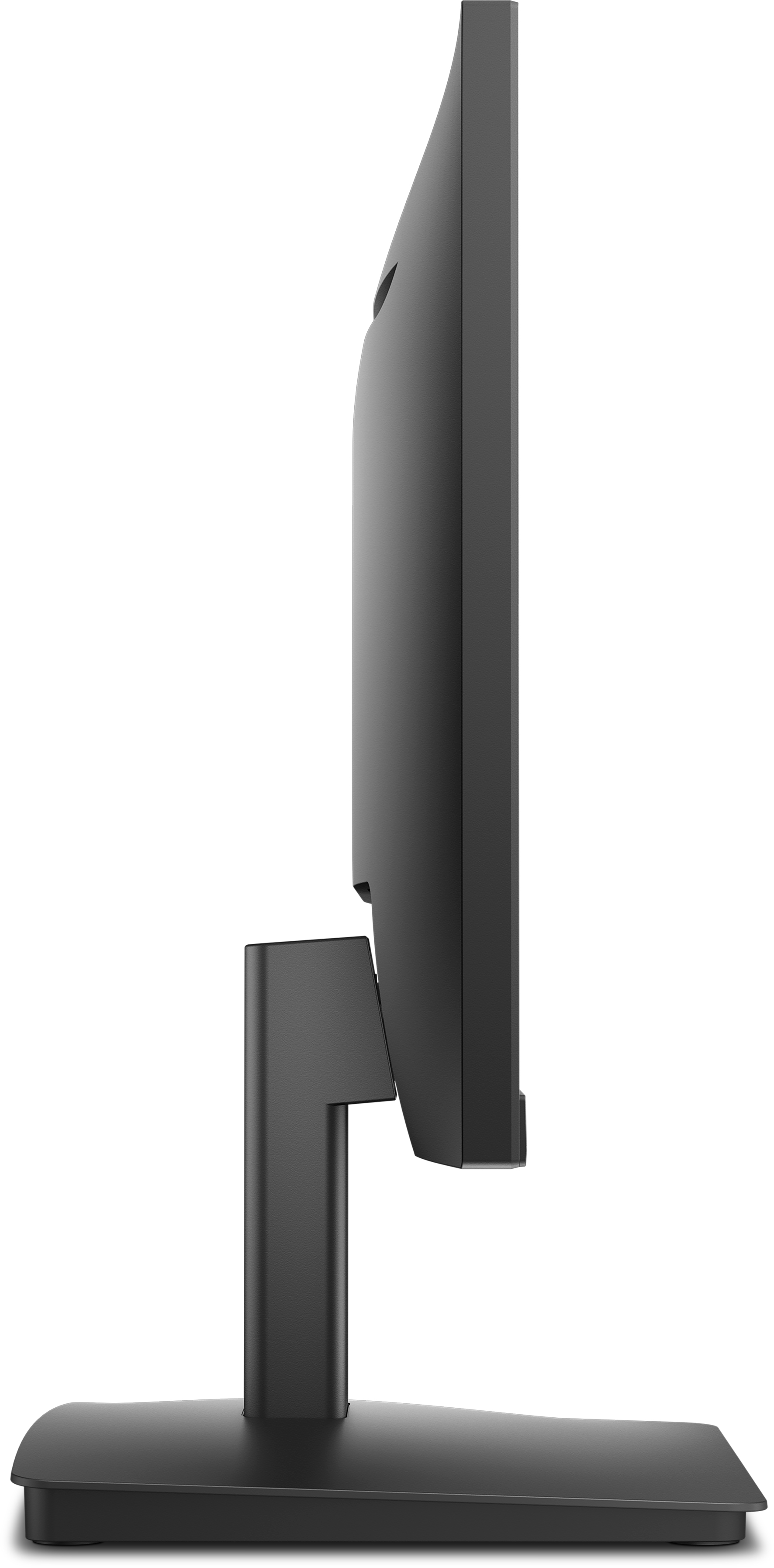 Seitenansicht eines schwarzen Computermonitors. Er steht auf einem Ständer mit rechteckigem Sockel. Der Hintergrund ist weiß.