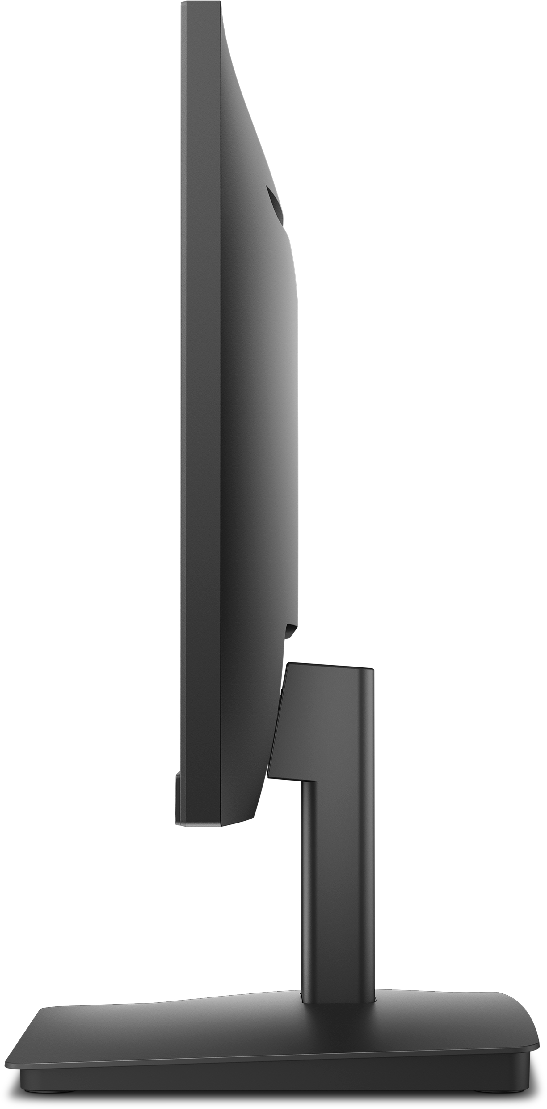 Seitenansicht eines schwarzen Computermonitors. Er steht auf einem Ständer mit rechteckiger Basis. Der Bildschirm ist dunkel und elegant.