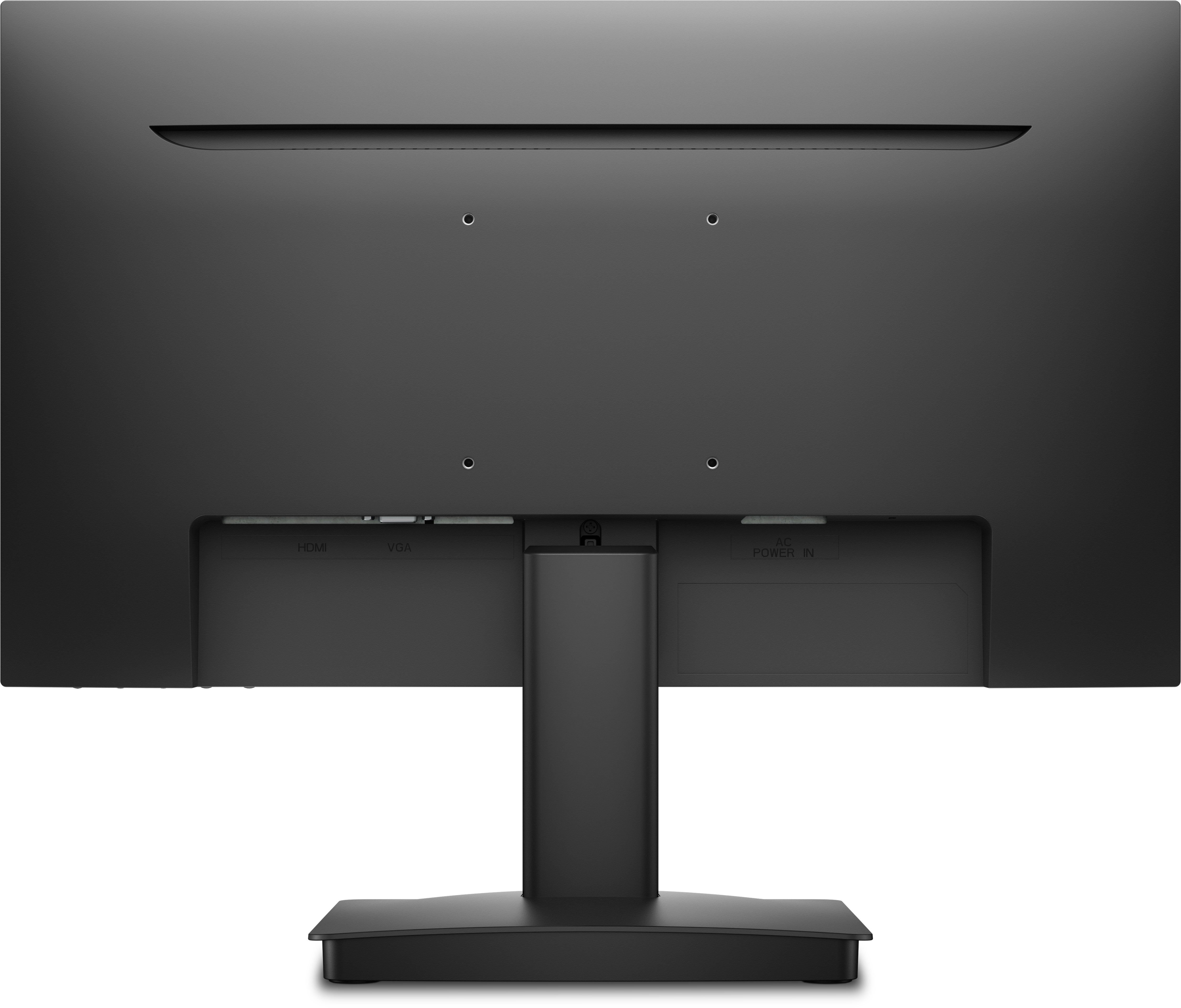 Rückansicht eines schwarzen Computermonitors. Es hat mehrere Anschlüsse und einen Ständer. Das Design ist minimalistisch.