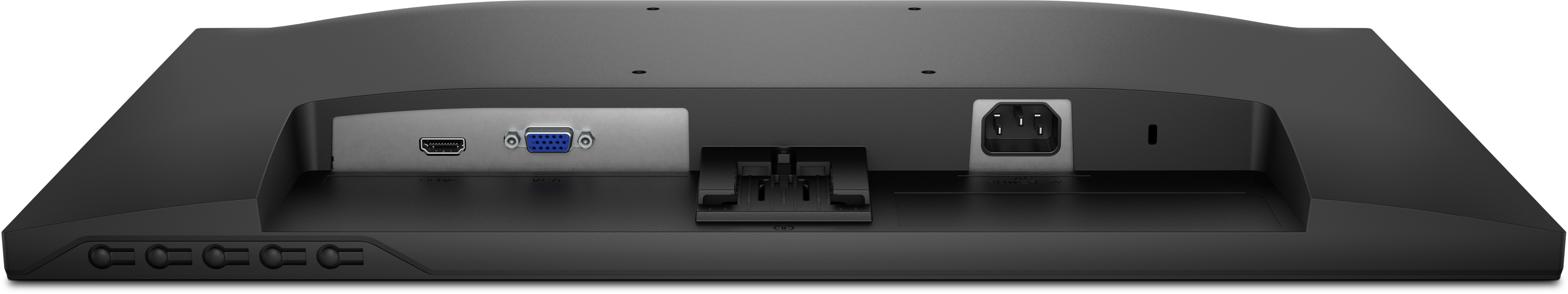 Rückseite eines schwarzen Computermonitors. Er hat HDMI-, VGA- und Stromanschlüsse. Es gibt auch mehrere Steuertasten.