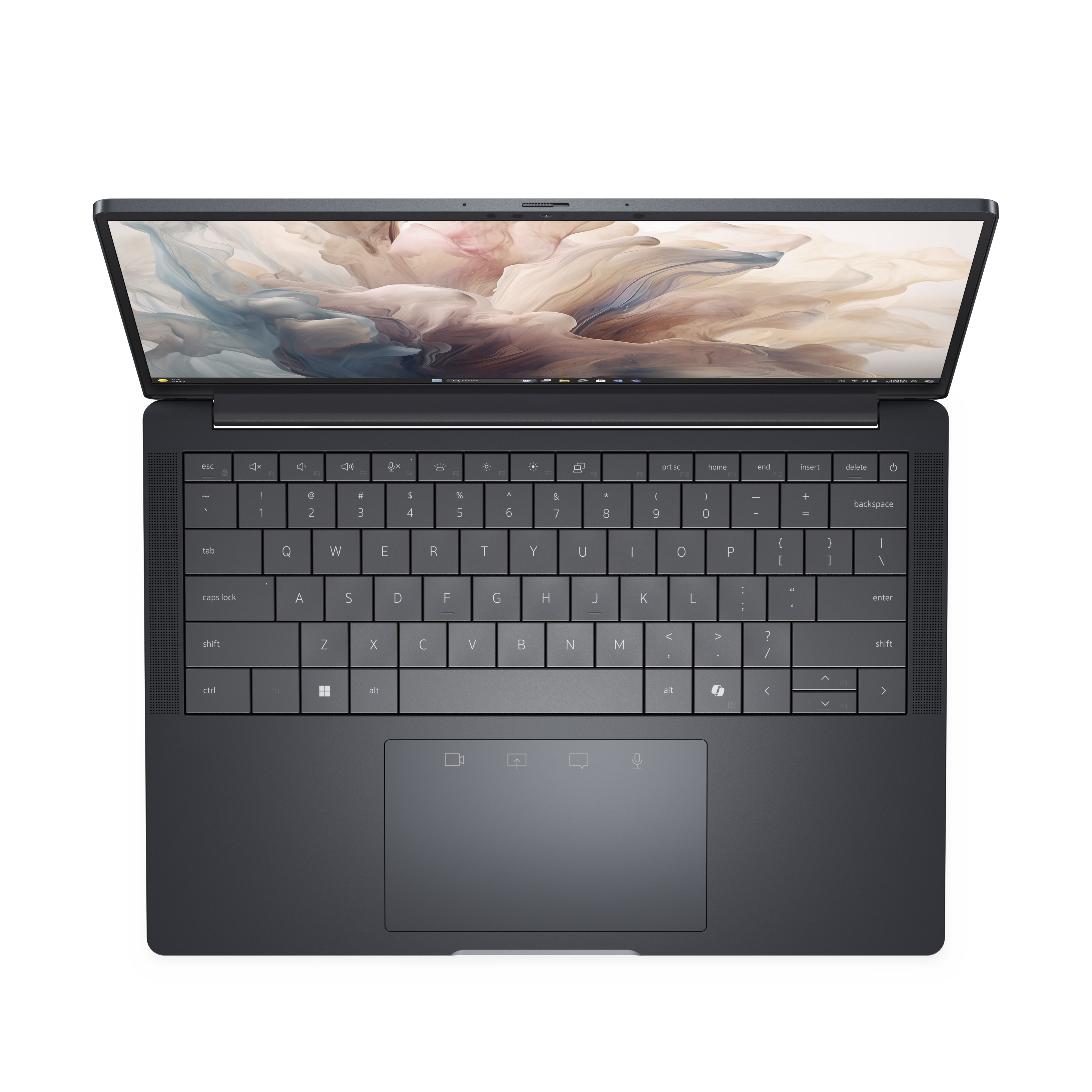 Ein geöffneter, dunkelgrauer Laptop auf weißer Oberfläche. Der Bildschirm zeigt einen wolkigen Hintergrund.