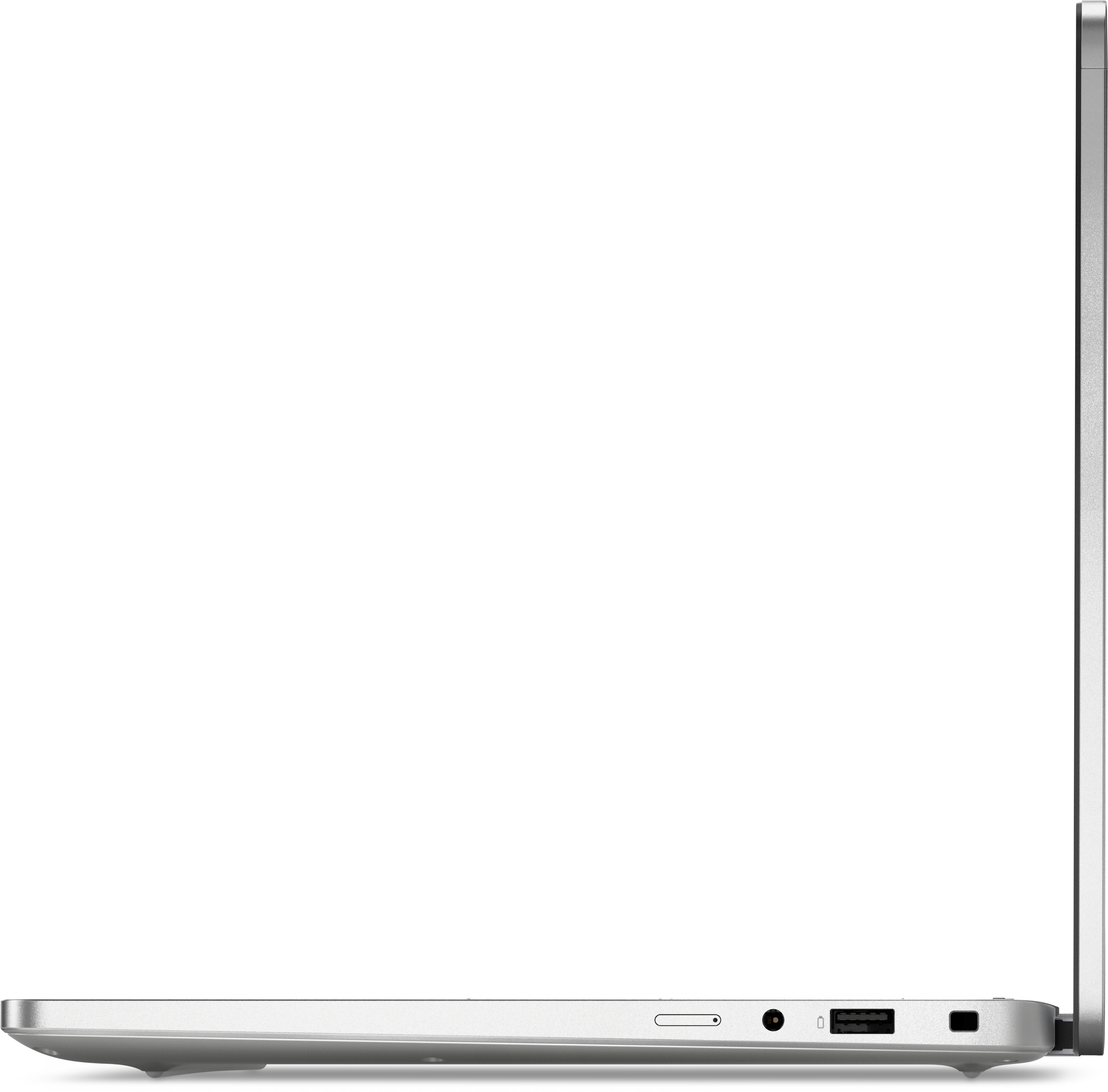 Seitenansicht eines silbernen Laptops. Sichtbare Anschlüsse sind ein Ladeanschluss, USB und Klinke. Der Bildschirm ist geschlossen.